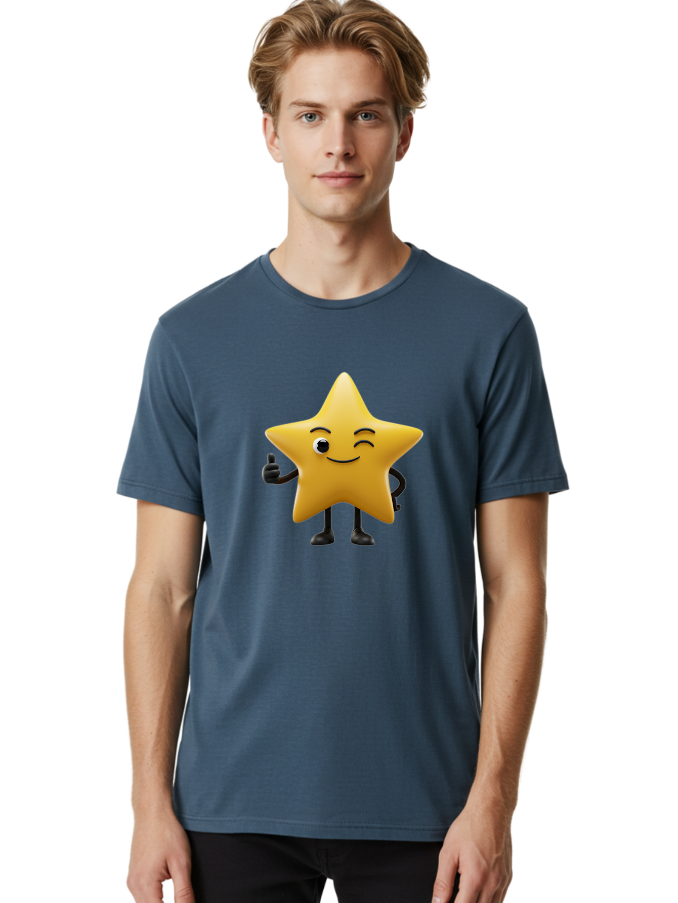 Smiling-Star-3 Men'S Graphic Tee, 100% Cotton, Comfortable Casual Summer Wear, Machine Washable, Happy Star, Cartoon Character, Yellow Star, Thumbs Up, Smiling Face, One Eye, Black Legs, Fun Design, Playful Illustration, Positive Vibes, Bae769