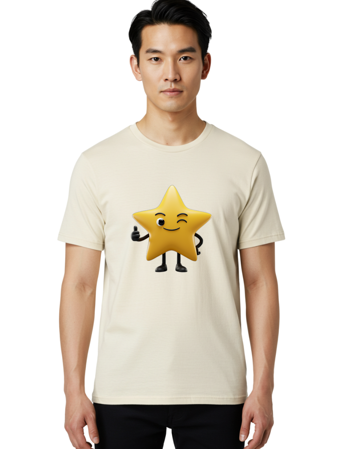 Smiling-Star-3 Men'S Graphic Tee, 100% Cotton, Comfortable Casual Summer Wear, Machine Washable, Happy Star, Cartoon Character, Yellow Star, Thumbs Up, Smiling Face, One Eye, Black Legs, Fun Design, Playful Illustration, Positive Vibes, Bae769