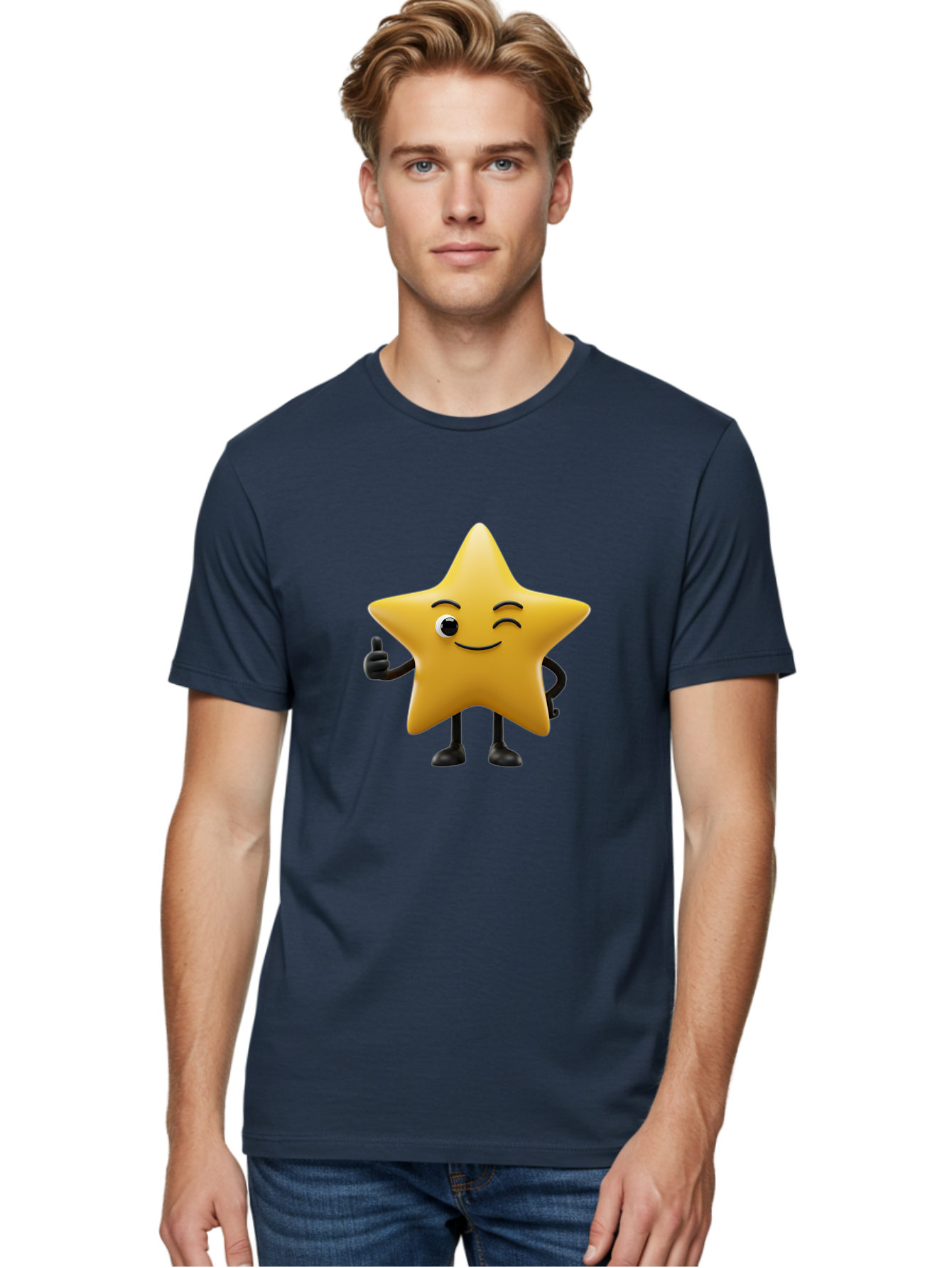 Smiling-Star-3 Men'S Graphic Tee, 100% Cotton, Comfortable Casual Summer Wear, Machine Washable, Happy Star, Cartoon Character, Yellow Star, Thumbs Up, Smiling Face, One Eye, Black Legs, Fun Design, Playful Illustration, Positive Vibes, Bae769