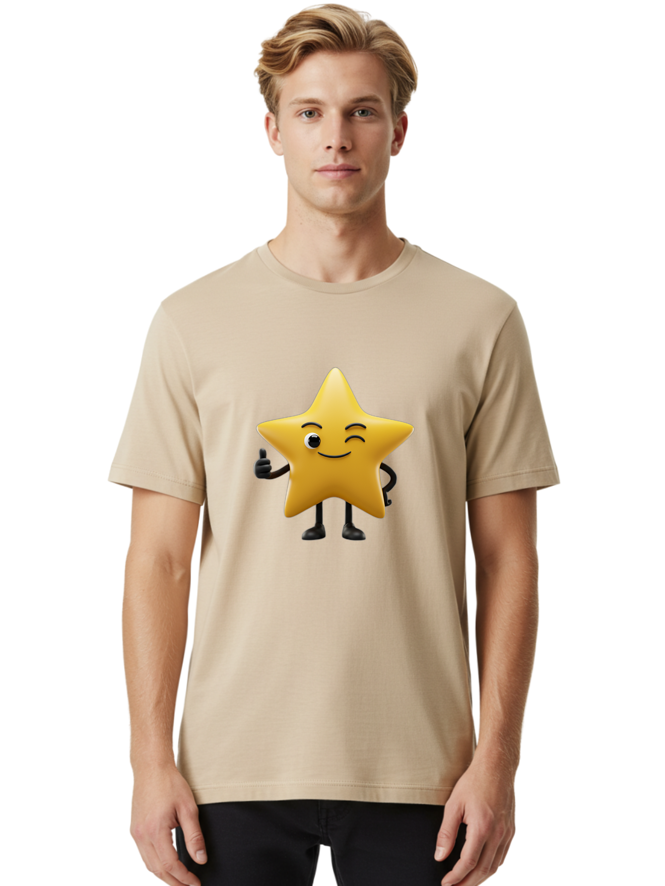 Smiling-Star-3 Men'S Graphic Tee, 100% Cotton, Comfortable Casual Summer Wear, Machine Washable, Happy Star, Cartoon Character, Yellow Star, Thumbs Up, Smiling Face, One Eye, Black Legs, Fun Design, Playful Illustration, Positive Vibes, Bae769