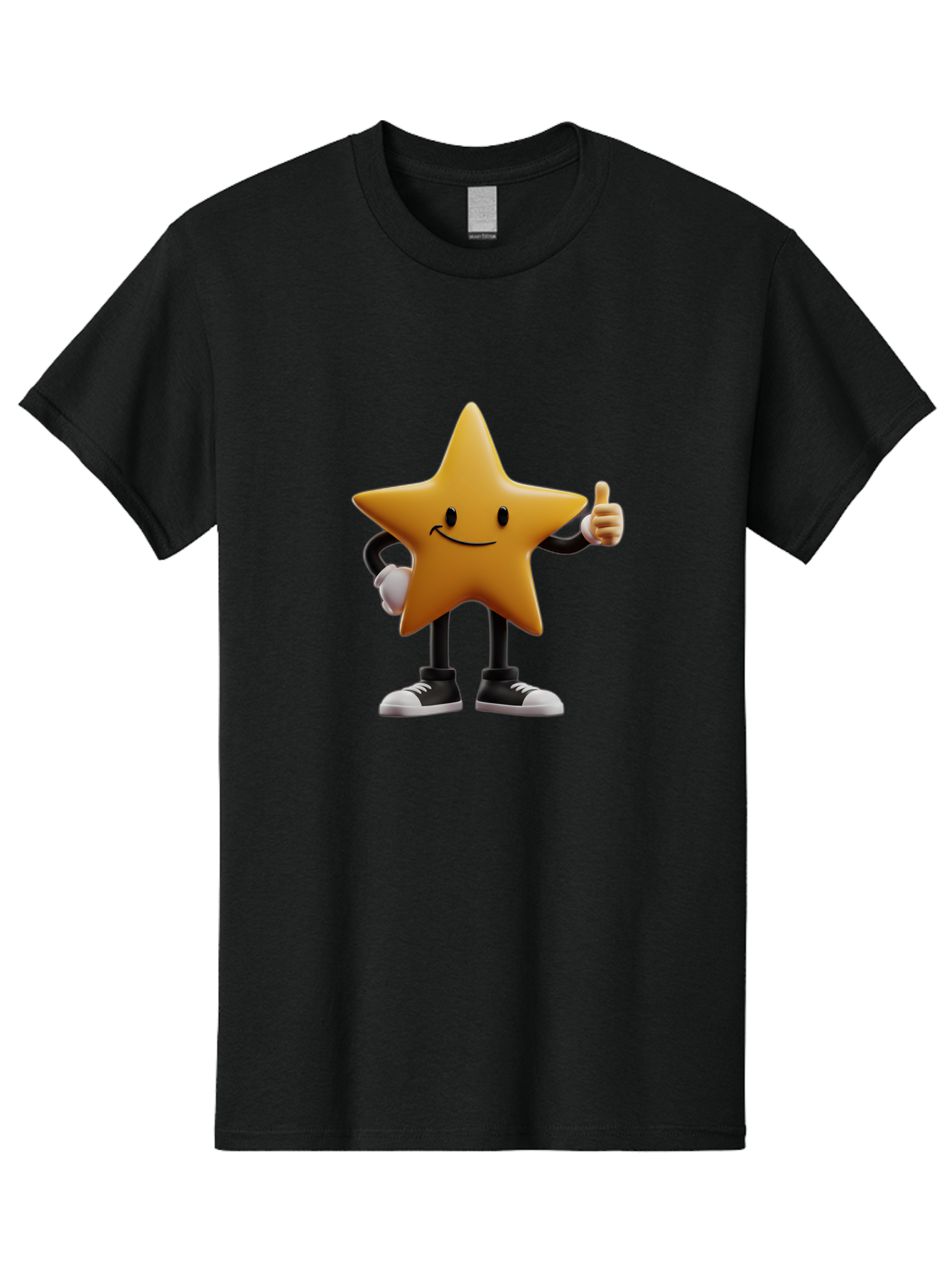 Smiling-Star-4 Men'S Graphic Tee, 100% Cotton, Comfortable Casual Summer Wear, Machine Washable, Smiling Star Character, Thumbs Up Approval, Happy Expression, Cartoon Style, Yellow Star, Black Legs, White Gloves, Black And White Shoes, Bae770