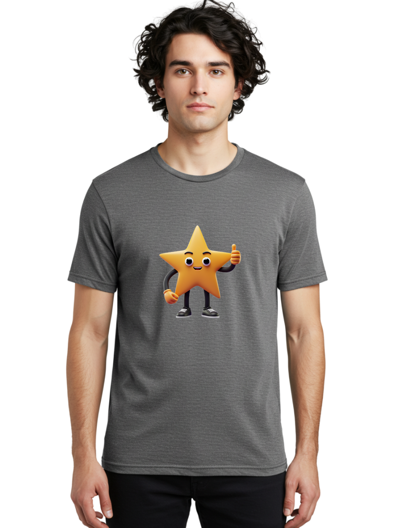 Smiling-Star-Character Men'S Graphic Tee, 100% Cotton, Comfortable Casual Summer Wear, Machine Washable, Star Character, Thumbs Up, Approval, Positivity, Cartoon Style, Happy Face, Friendly Gesture, Approval Symbol, Five-Pointed Star, Bae771