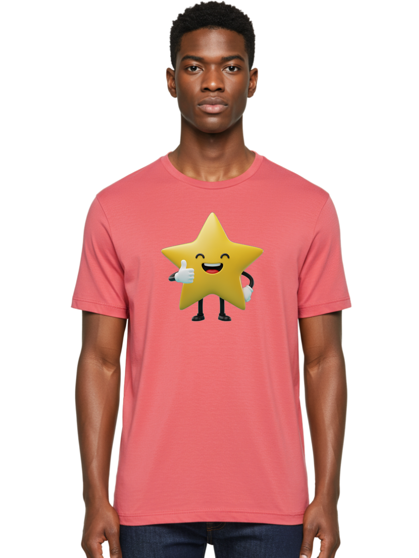 Smiling-Star Men'S Graphic Tee, 100% Cotton, Comfortable Casual Summer Wear, Machine Washable, Cartoon Star, Yellow Star, Thumbs Up, Happy Face, Animated Character, Smiling Star, Friendly Mascot, Positive Gesture, Star Illustration, Bae772