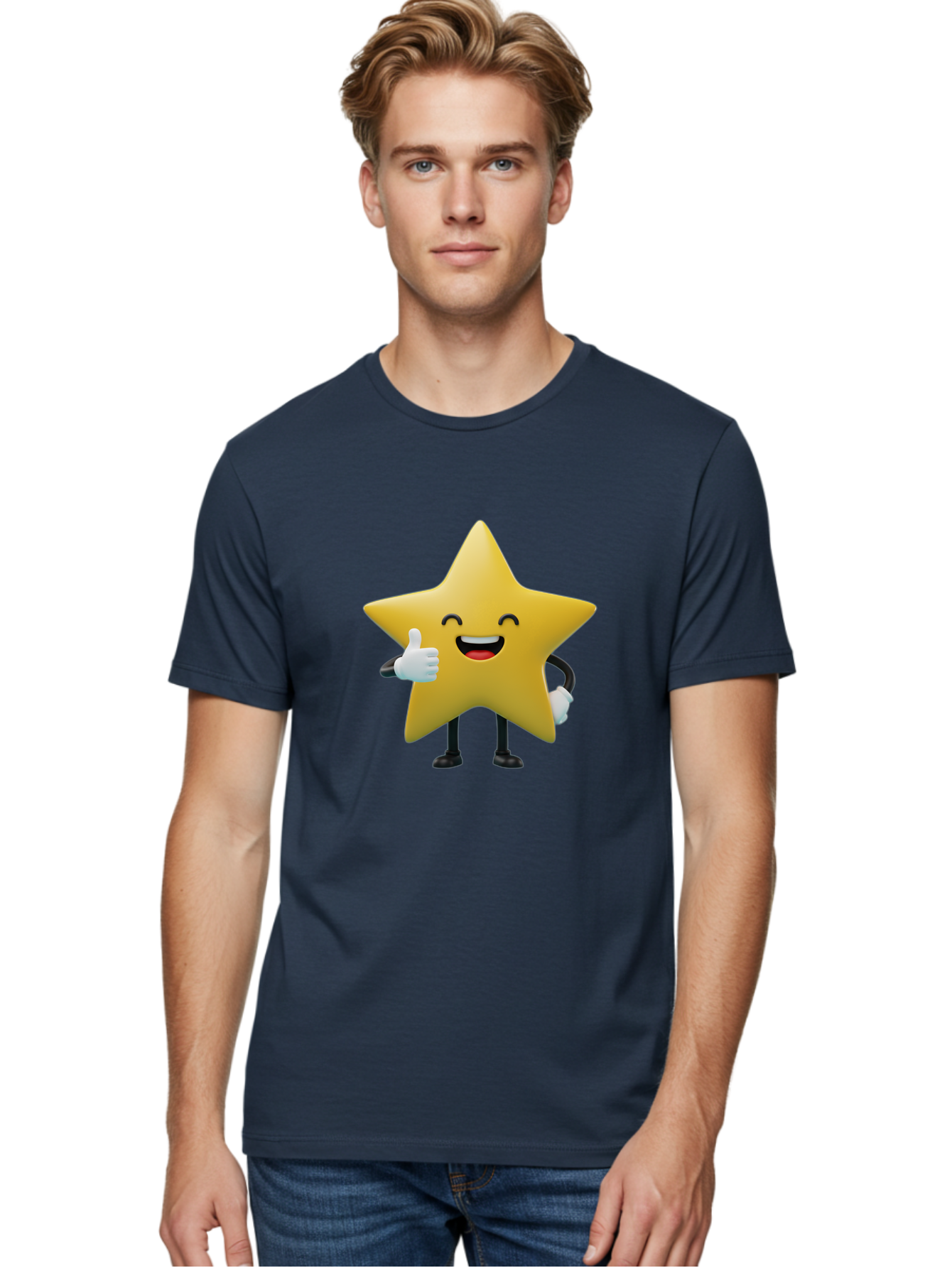 Smiling-Star Men'S Graphic Tee, 100% Cotton, Comfortable Casual Summer Wear, Machine Washable, Cartoon Star, Yellow Star, Thumbs Up, Happy Face, Animated Character, Smiling Star, Friendly Mascot, Positive Gesture, Star Illustration, Bae772