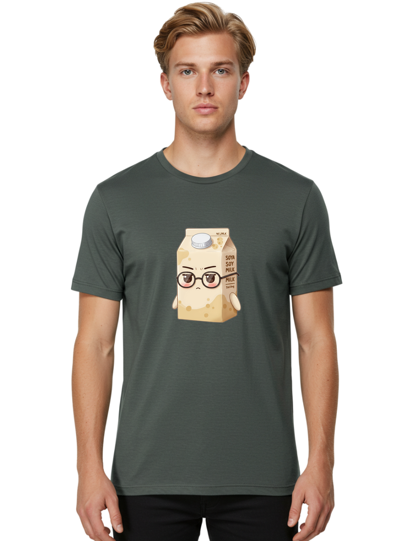 Soya-Soy-Milk Men'S Graphic Tee, 100% Cotton, Comfortable Casual Summer Wear, Machine Washable, Cartoon Soy Milk Carton, Anthropomorphic Milk, Glasses, Sad Face, Soy Milk, Milk Carton, Kawaii Character, Plant-Based Milk, Dairy-Free, Vegan Milk Bae773