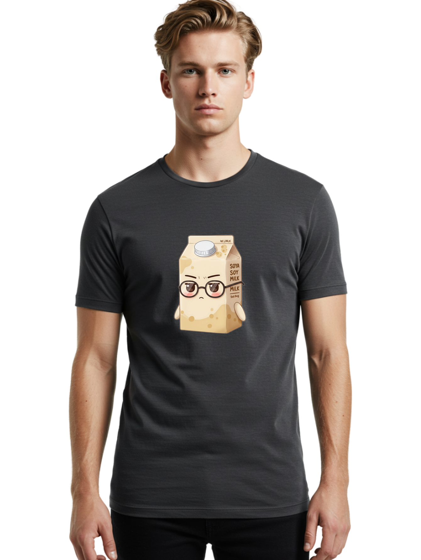 Soya-Soy-Milk Men'S Graphic Tee, 100% Cotton, Comfortable Casual Summer Wear, Machine Washable, Cartoon Soy Milk Carton, Anthropomorphic Milk, Glasses, Sad Face, Soy Milk, Milk Carton, Kawaii Character, Plant-Based Milk, Dairy-Free, Vegan Milk Bae773
