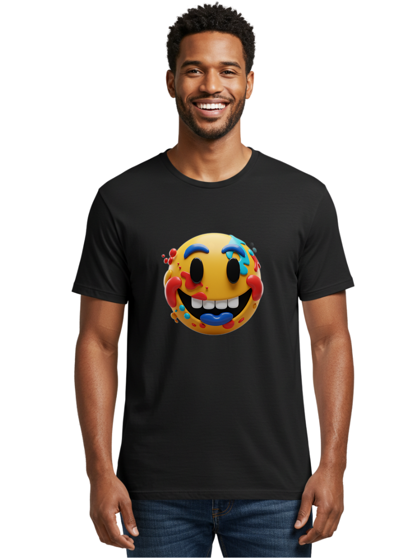 Splattered-Emoji Men'S Graphic Tee, 100% Cotton, Comfortable Casual Summer Wear, Machine Washable, 3D Smiley Face, Cartoon Character, Happy Expression, Vibrant Colors, Paint Splatters, Funny Emoji, Playful Design, Yellow Face, Blue Eyebrows, Bae775