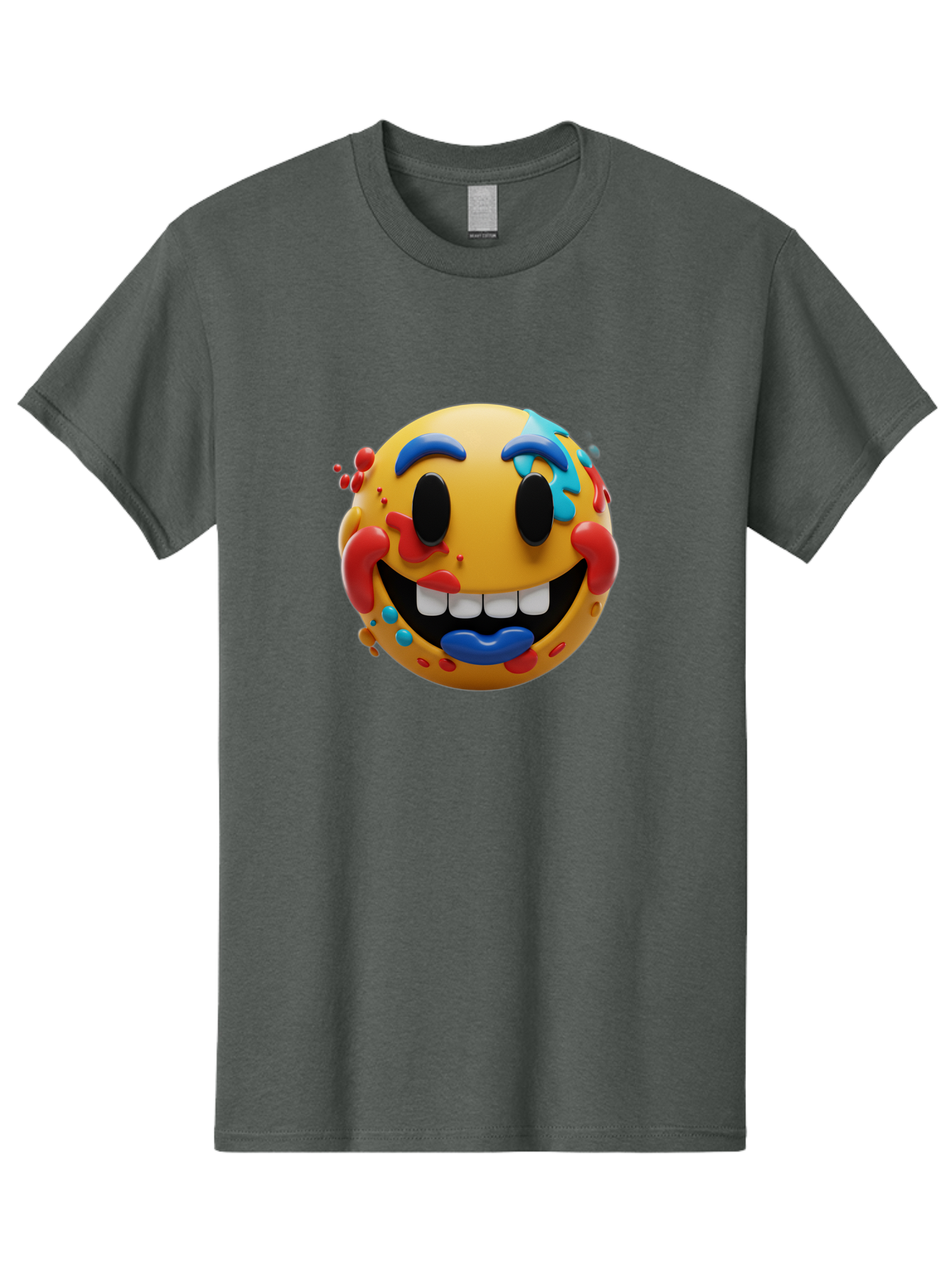 Splattered-Emoji Men'S Graphic Tee, 100% Cotton, Comfortable Casual Summer Wear, Machine Washable, 3D Smiley Face, Cartoon Character, Happy Expression, Vibrant Colors, Paint Splatters, Funny Emoji, Playful Design, Yellow Face, Blue Eyebrows, Bae775