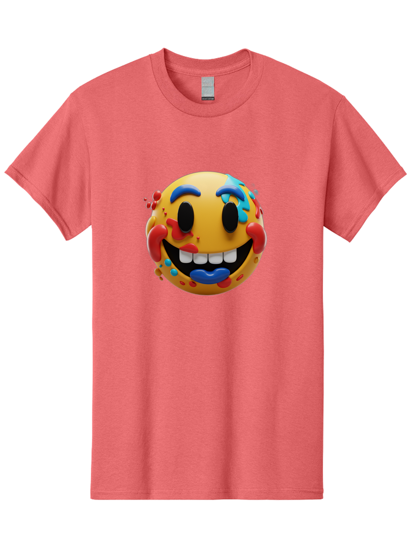 Splattered-Emoji Men'S Graphic Tee, 100% Cotton, Comfortable Casual Summer Wear, Machine Washable, 3D Smiley Face, Cartoon Character, Happy Expression, Vibrant Colors, Paint Splatters, Funny Emoji, Playful Design, Yellow Face, Blue Eyebrows, Bae775