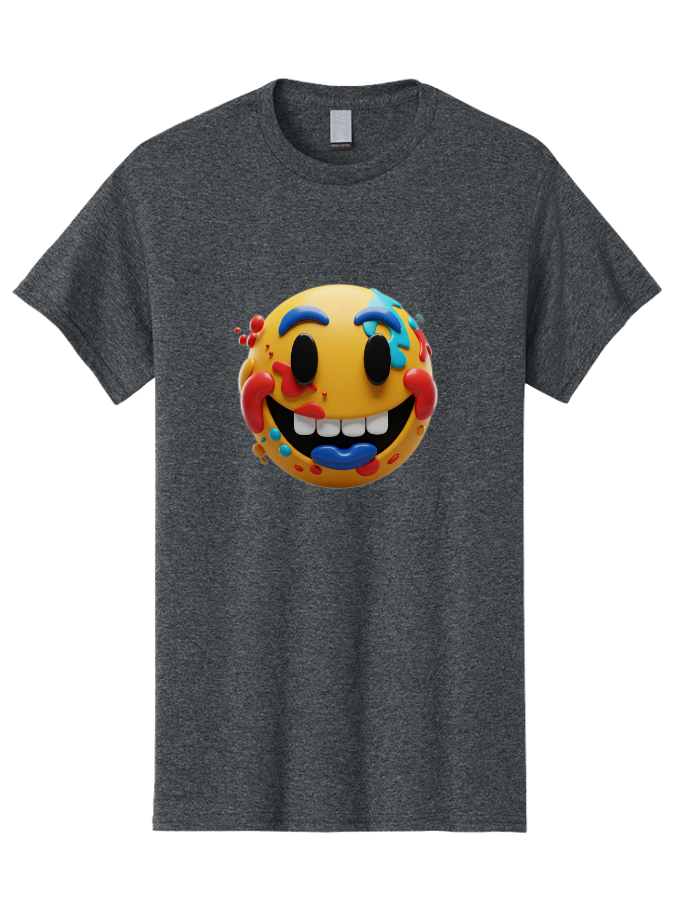 Splattered-Emoji Men'S Graphic Tee, 100% Cotton, Comfortable Casual Summer Wear, Machine Washable, 3D Smiley Face, Cartoon Character, Happy Expression, Vibrant Colors, Paint Splatters, Funny Emoji, Playful Design, Yellow Face, Blue Eyebrows, Bae775