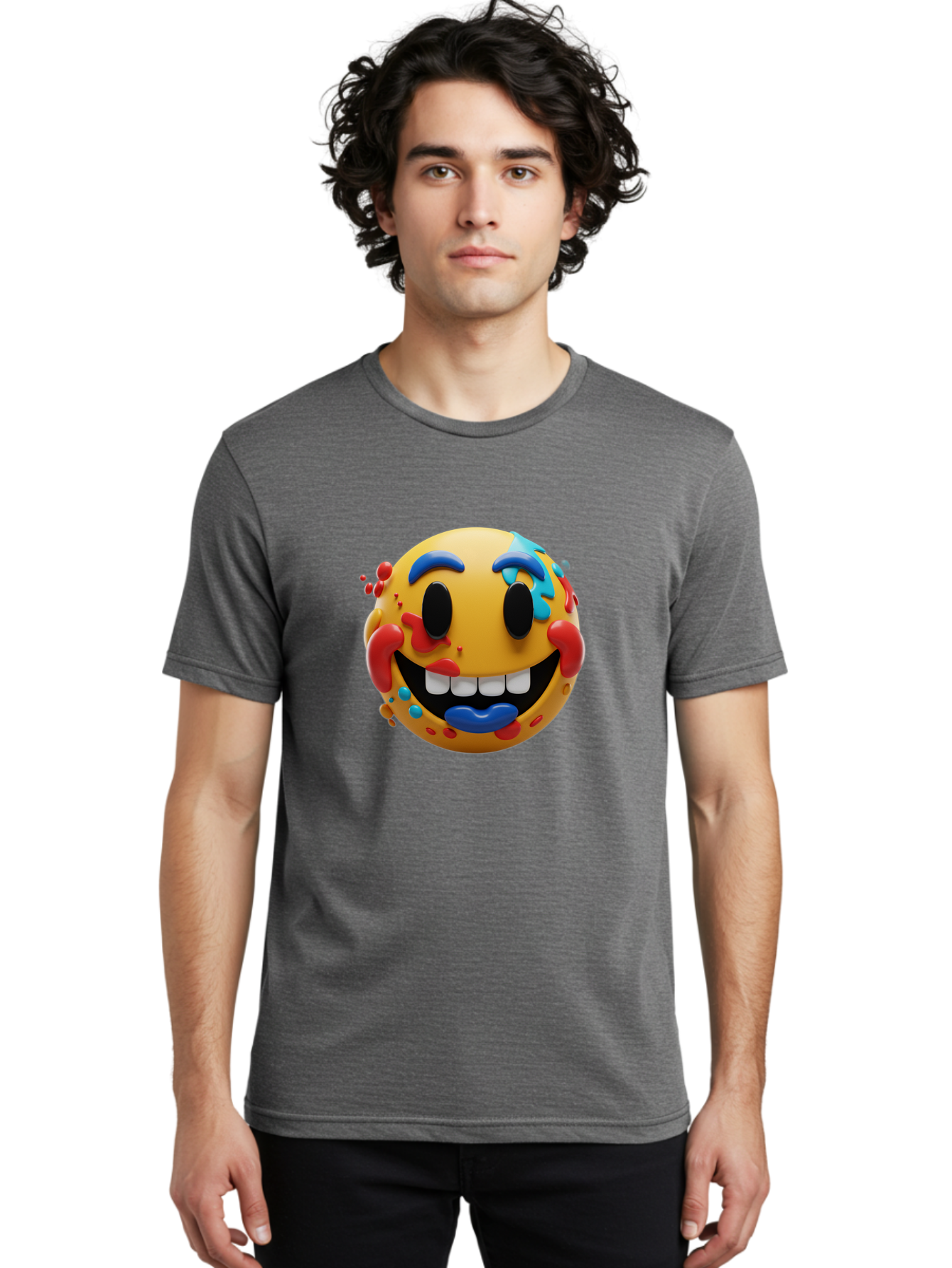 Splattered-Emoji Men'S Graphic Tee, 100% Cotton, Comfortable Casual Summer Wear, Machine Washable, 3D Smiley Face, Cartoon Character, Happy Expression, Vibrant Colors, Paint Splatters, Funny Emoji, Playful Design, Yellow Face, Blue Eyebrows, Bae775