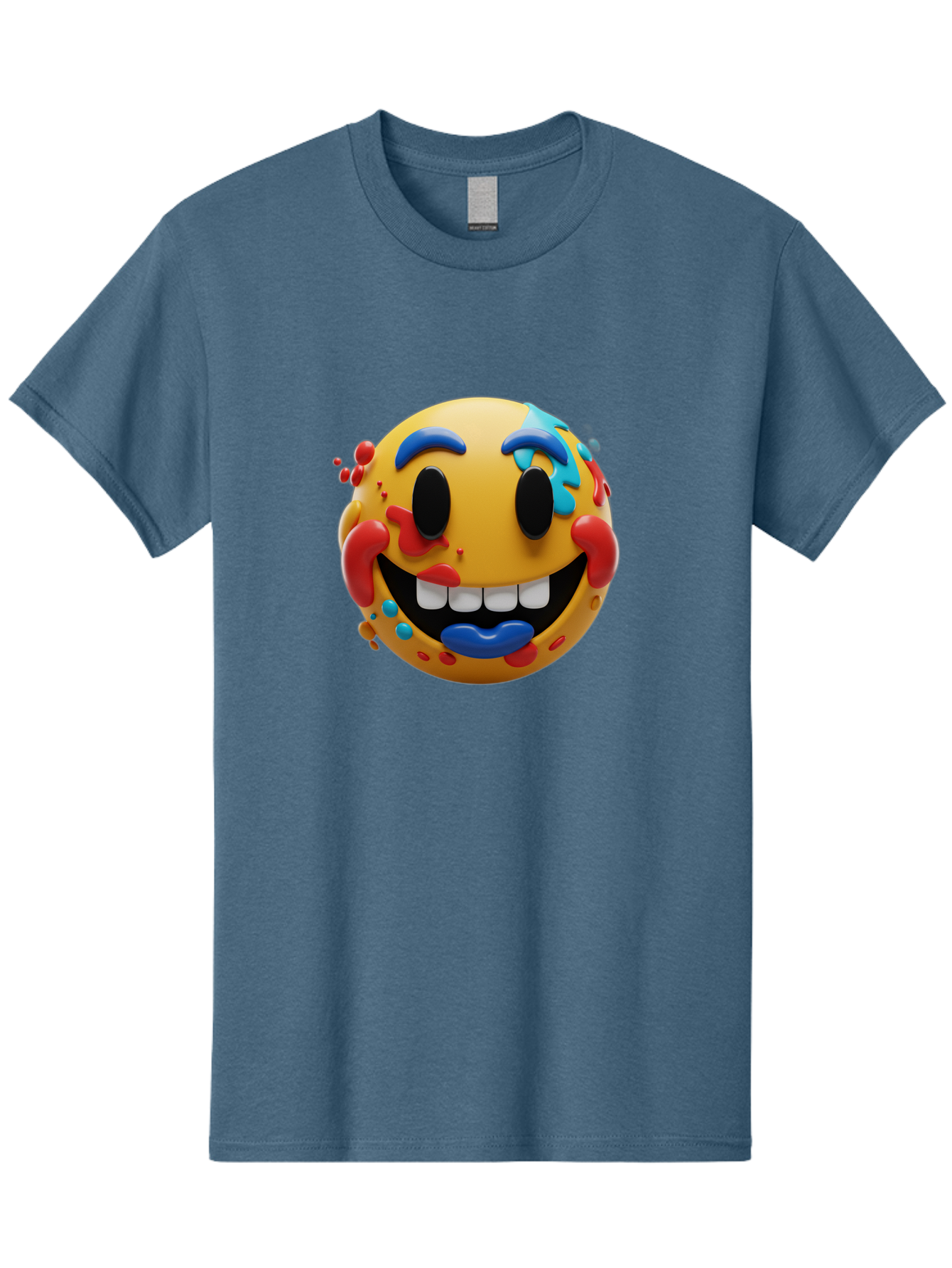 Splattered-Emoji Men'S Graphic Tee, 100% Cotton, Comfortable Casual Summer Wear, Machine Washable, 3D Smiley Face, Cartoon Character, Happy Expression, Vibrant Colors, Paint Splatters, Funny Emoji, Playful Design, Yellow Face, Blue Eyebrows, Bae775