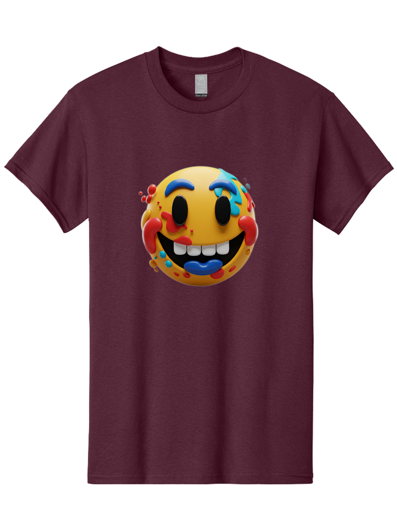 Splattered-Emoji Men'S Graphic Tee, 100% Cotton, Comfortable Casual Summer Wear, Machine Washable, 3D Smiley Face, Cartoon Character, Happy Expression, Vibrant Colors, Paint Splatters, Funny Emoji, Playful Design, Yellow Face, Blue Eyebrows, Bae775