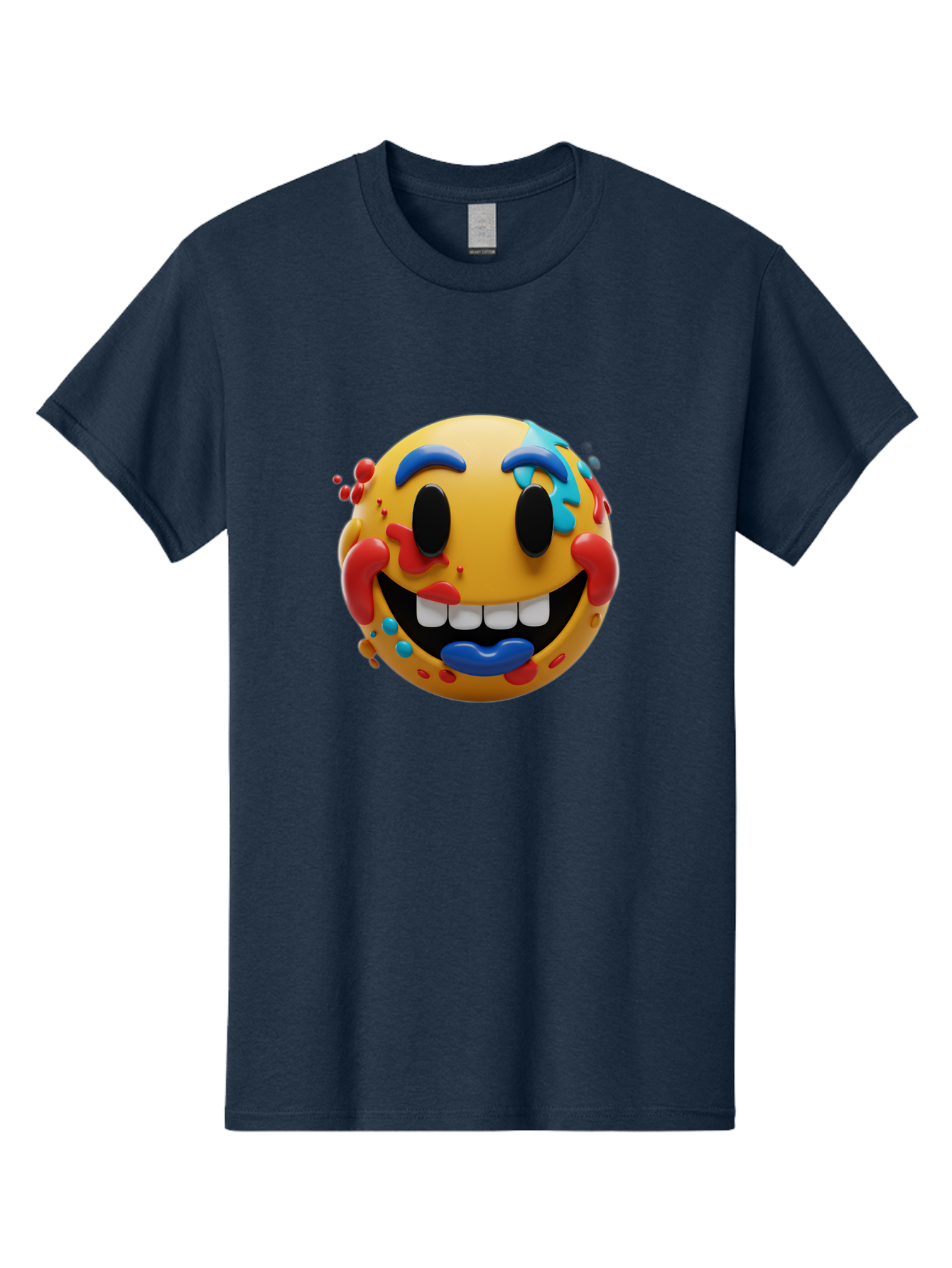 Splattered-Emoji Men'S Graphic Tee, 100% Cotton, Comfortable Casual Summer Wear, Machine Washable, 3D Smiley Face, Cartoon Character, Happy Expression, Vibrant Colors, Paint Splatters, Funny Emoji, Playful Design, Yellow Face, Blue Eyebrows, Bae775