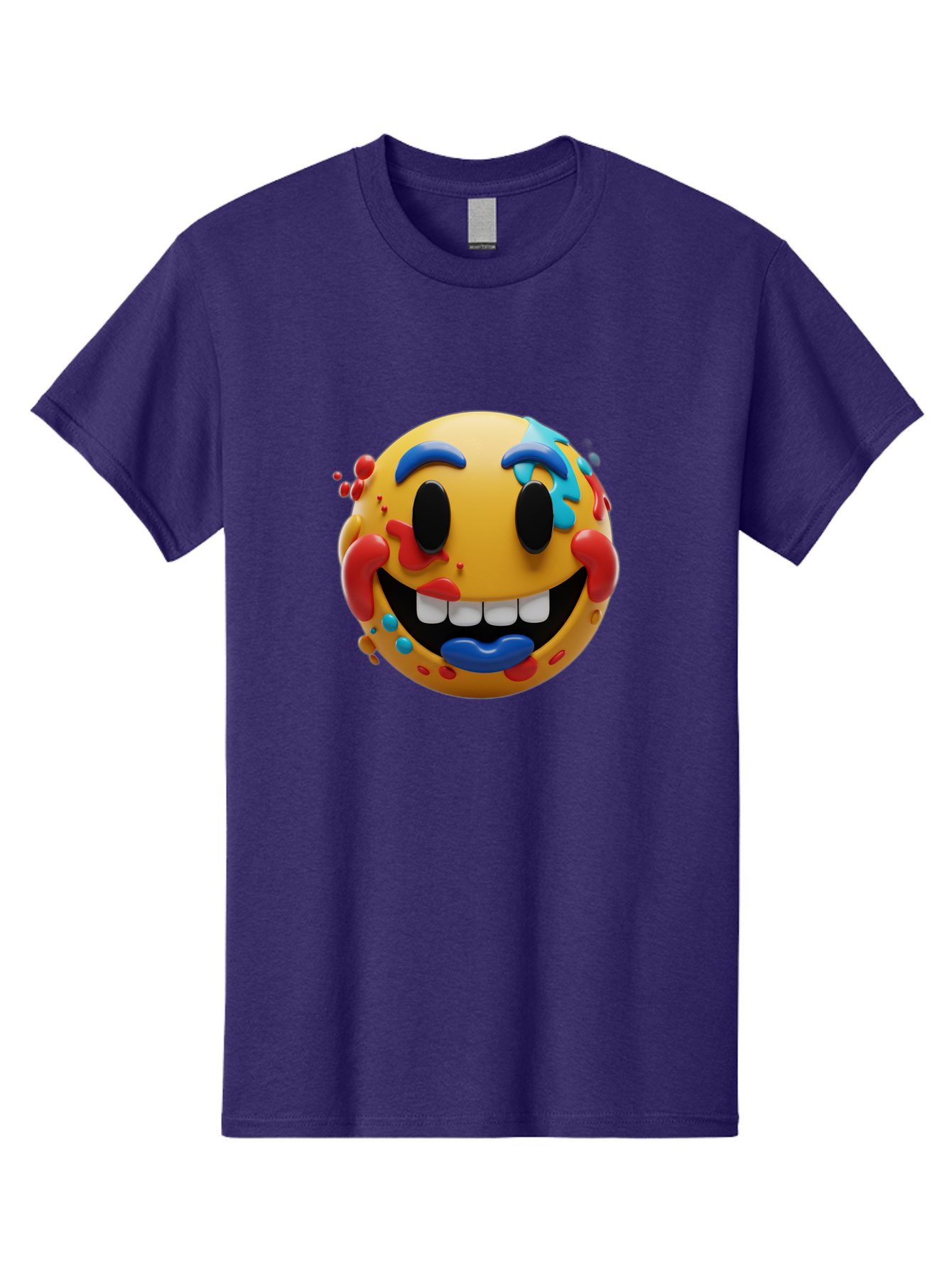 Splattered-Emoji Men'S Graphic Tee, 100% Cotton, Comfortable Casual Summer Wear, Machine Washable, 3D Smiley Face, Cartoon Character, Happy Expression, Vibrant Colors, Paint Splatters, Funny Emoji, Playful Design, Yellow Face, Blue Eyebrows, Bae775