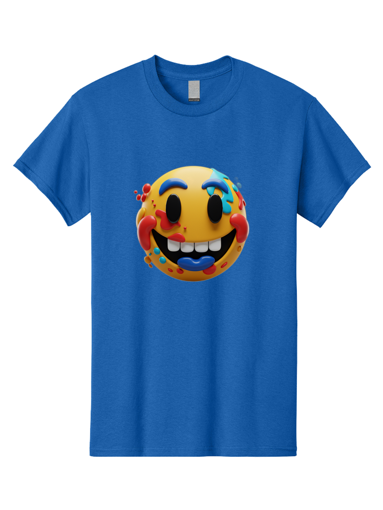 Splattered-Emoji Men'S Graphic Tee, 100% Cotton, Comfortable Casual Summer Wear, Machine Washable, 3D Smiley Face, Cartoon Character, Happy Expression, Vibrant Colors, Paint Splatters, Funny Emoji, Playful Design, Yellow Face, Blue Eyebrows, Bae775