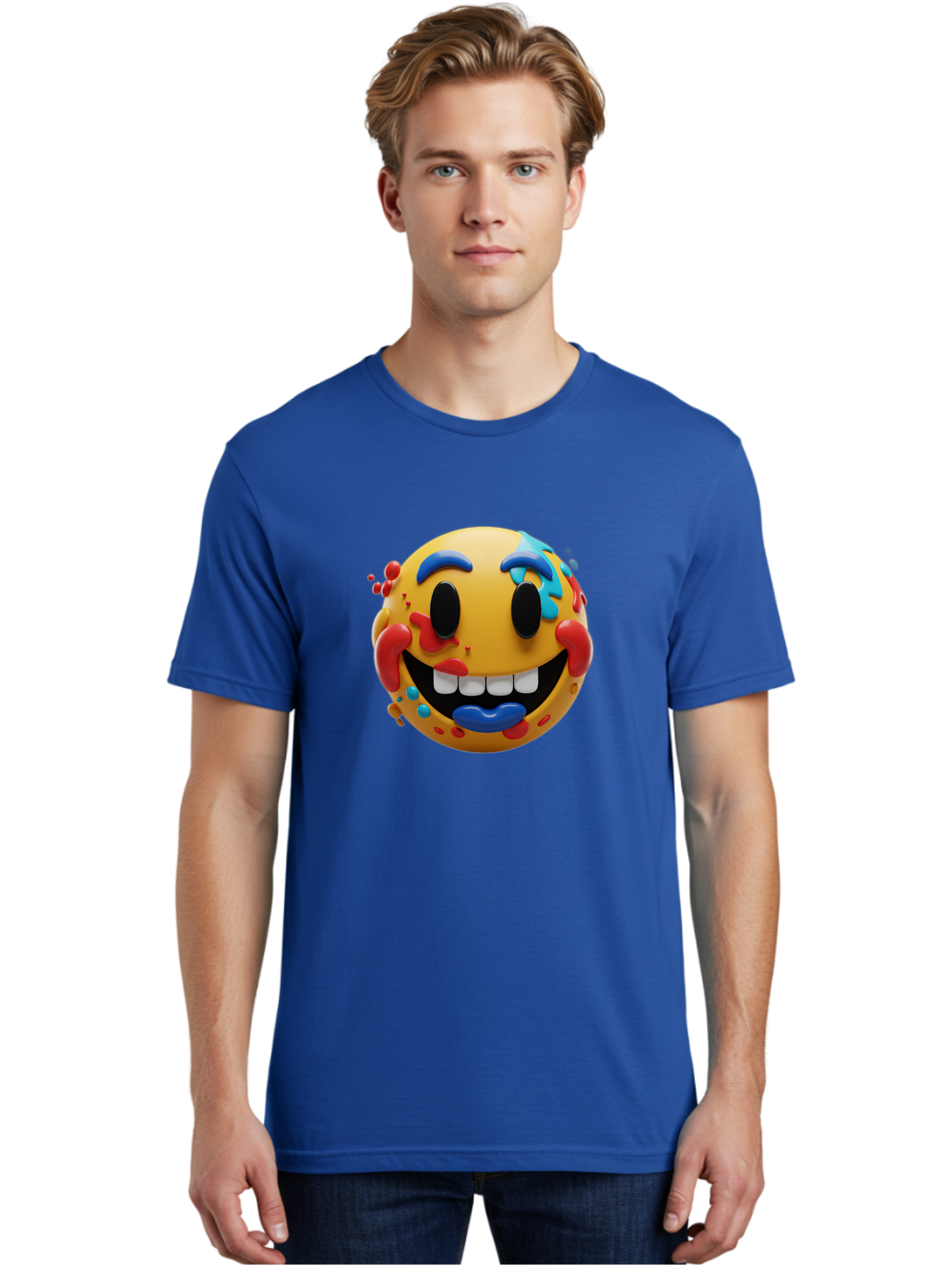 Splattered-Emoji Men'S Graphic Tee, 100% Cotton, Comfortable Casual Summer Wear, Machine Washable, 3D Smiley Face, Cartoon Character, Happy Expression, Vibrant Colors, Paint Splatters, Funny Emoji, Playful Design, Yellow Face, Blue Eyebrows, Bae775