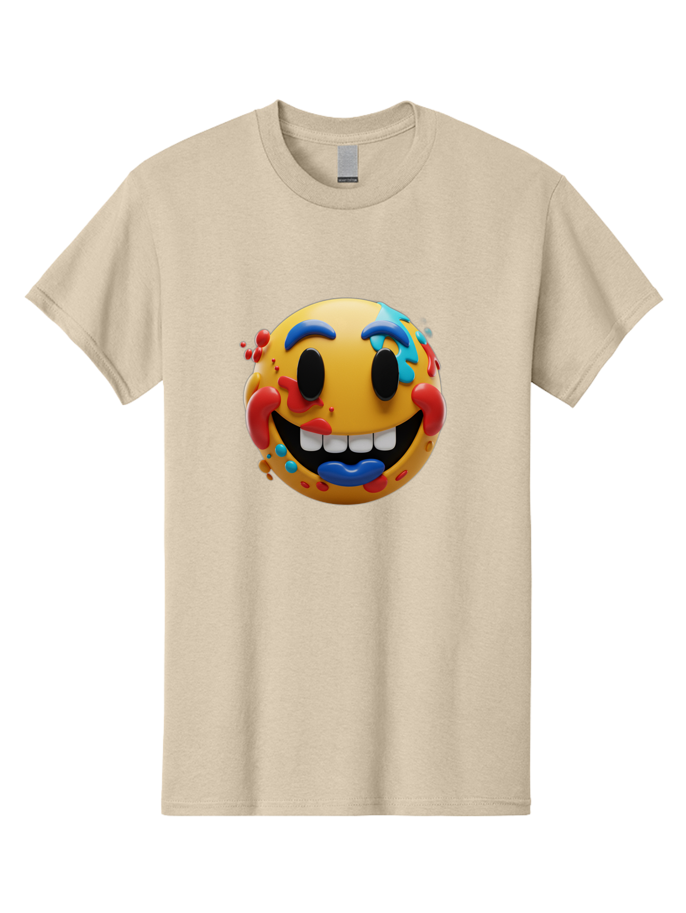 Splattered-Emoji Men'S Graphic Tee, 100% Cotton, Comfortable Casual Summer Wear, Machine Washable, 3D Smiley Face, Cartoon Character, Happy Expression, Vibrant Colors, Paint Splatters, Funny Emoji, Playful Design, Yellow Face, Blue Eyebrows, Bae775