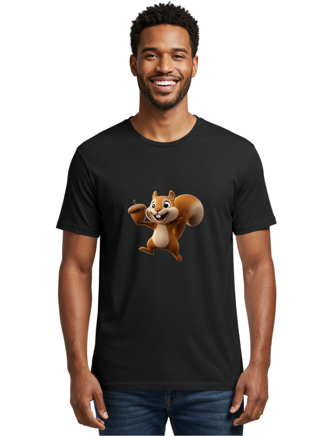 Squirrel-With-Acorn Men'S Graphic Tee, 100% Cotton, Comfortable Casual Summer Wear, Machine Washable, Cartoon Squirrel, Happy Squirrel, Acorn, Forest Animal, Cute Cartoon Character, Squirrel Character, Funny Squirrel, Squirrel Graphics Bae776