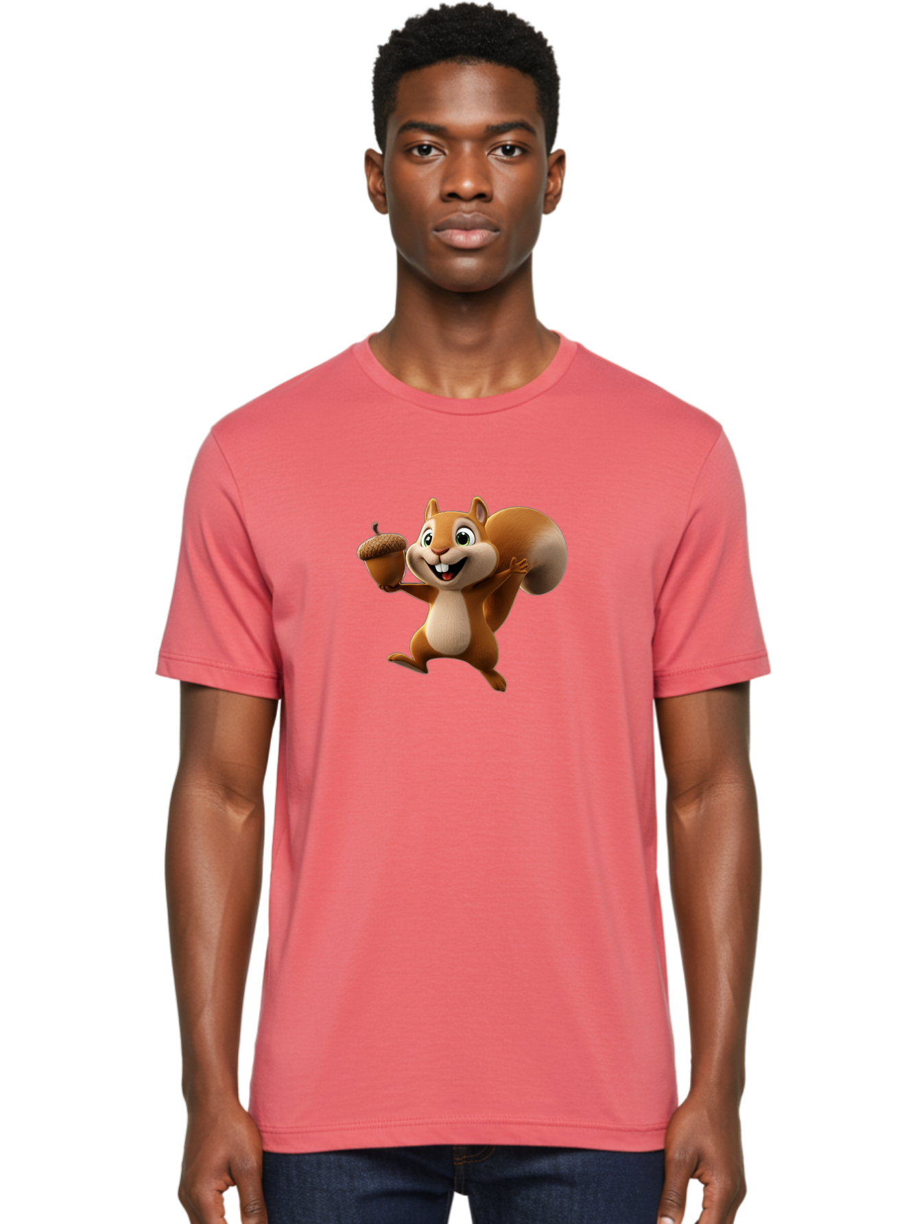 Squirrel-With-Acorn Men'S Graphic Tee, 100% Cotton, Comfortable Casual Summer Wear, Machine Washable, Cartoon Squirrel, Happy Squirrel, Acorn, Forest Animal, Cute Cartoon Character, Squirrel Character, Funny Squirrel, Squirrel Graphics Bae776