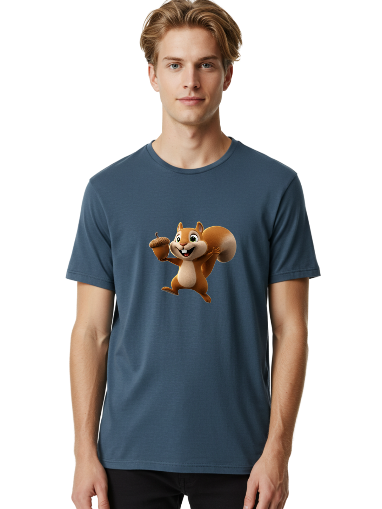 Squirrel-With-Acorn Men'S Graphic Tee, 100% Cotton, Comfortable Casual Summer Wear, Machine Washable, Cartoon Squirrel, Happy Squirrel, Acorn, Forest Animal, Cute Cartoon Character, Squirrel Character, Funny Squirrel, Squirrel Graphics Bae776