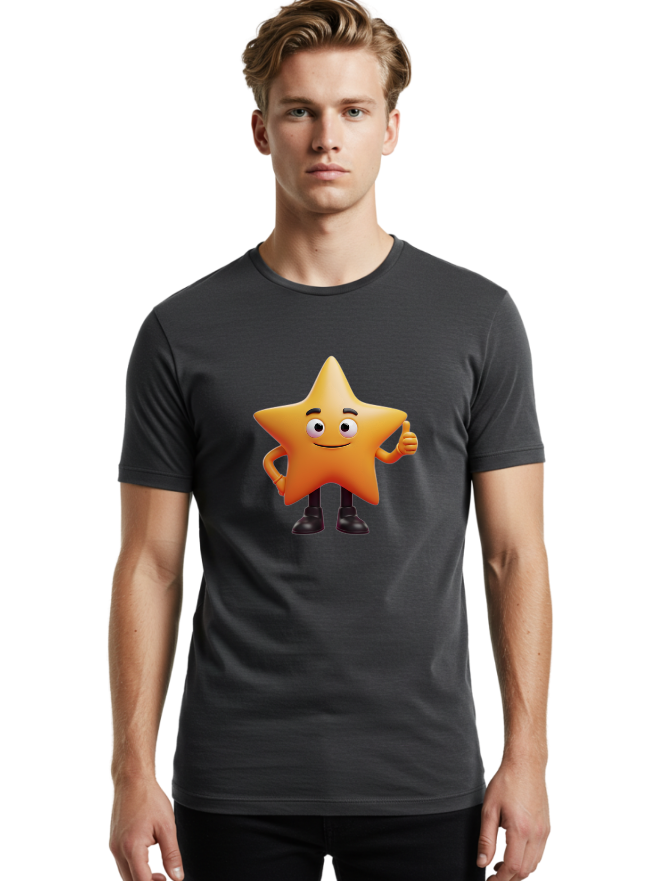 Star-Character-2 Men'S Graphic Tee, 100% Cotton, Comfortable Casual Summer Wear, Machine Washable, Cartoon Star, Smiling Face, Thumbs Up, Positive Attitude, Friendly Character, 3D Illustration, Animated Star, Hand Gesture, Black Shoes Bae778