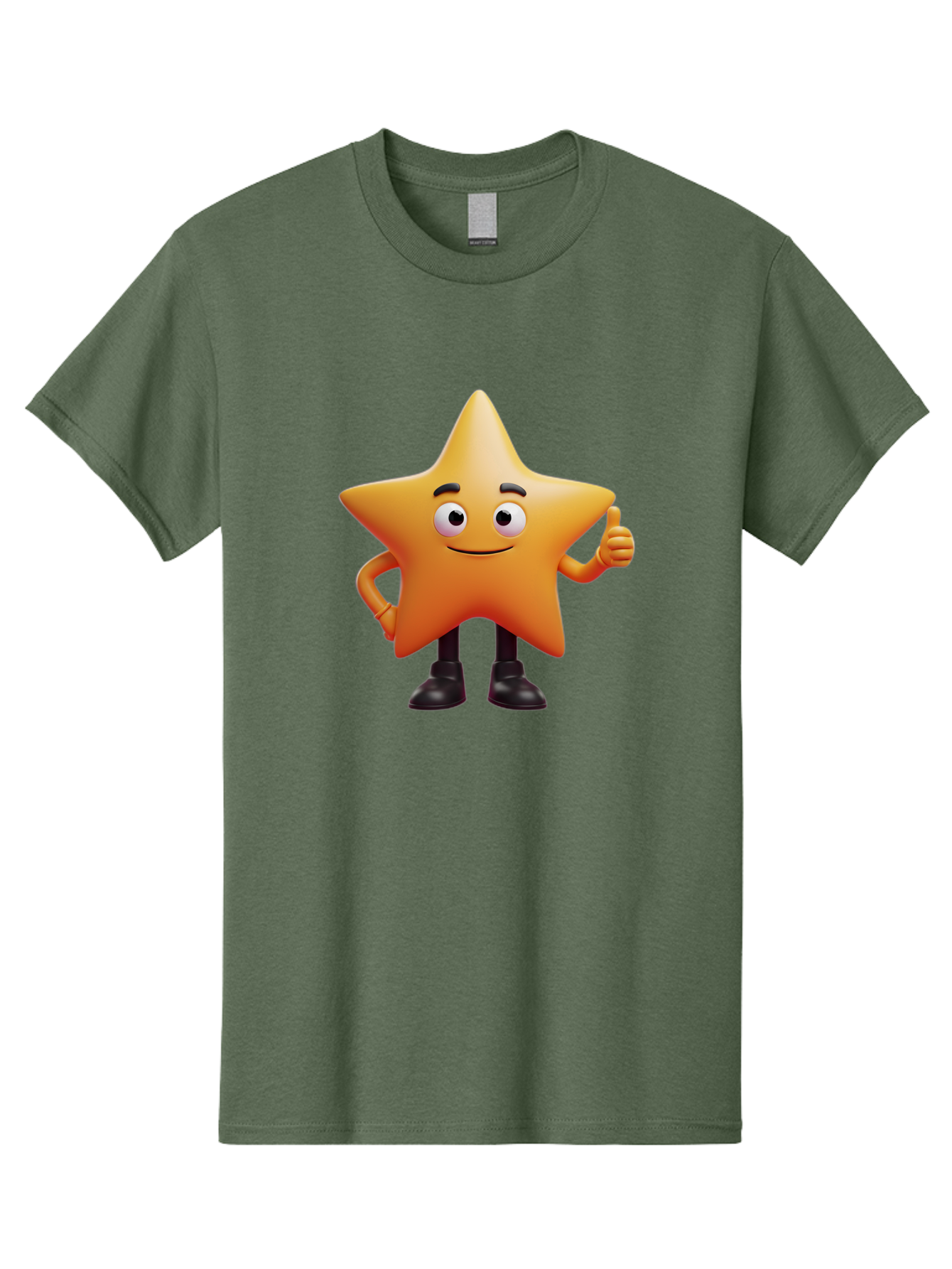 Star-Character-2 Men'S Graphic Tee, 100% Cotton, Comfortable Casual Summer Wear, Machine Washable, Cartoon Star, Smiling Face, Thumbs Up, Positive Attitude, Friendly Character, 3D Illustration, Animated Star, Hand Gesture, Black Shoes Bae778