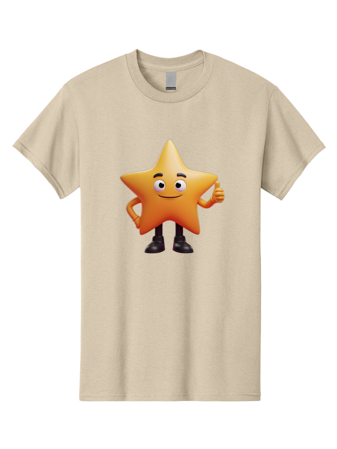 Star-Character-2 Men'S Graphic Tee, 100% Cotton, Comfortable Casual Summer Wear, Machine Washable, Cartoon Star, Smiling Face, Thumbs Up, Positive Attitude, Friendly Character, 3D Illustration, Animated Star, Hand Gesture, Black Shoes Bae778
