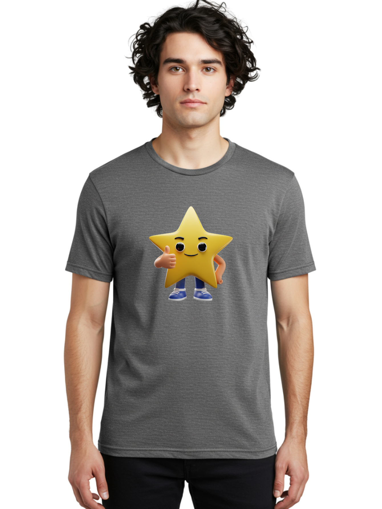 Star-Character-3 Men'S Graphic Tee, 100% Cotton, Comfortable Casual Summer Wear, Machine Washable, Yellow Star Character, Thumbs Up Gesture, Smiling Face, Blue Shoes, Childrens Illustration, Cartoon Style, Friendly Demeanor, Positive Vibe Bae779