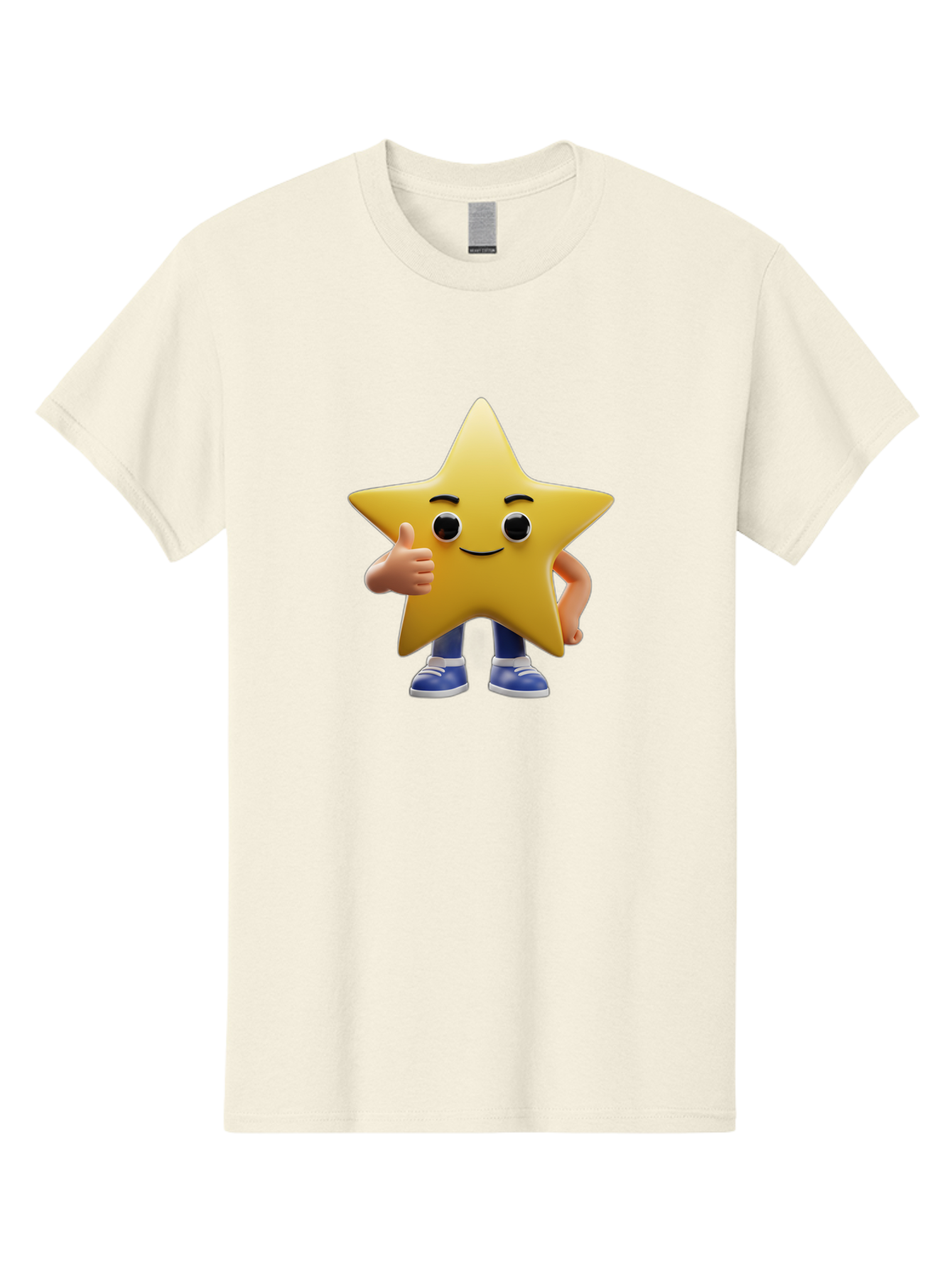 Star-Character-3 Men'S Graphic Tee, 100% Cotton, Comfortable Casual Summer Wear, Machine Washable, Yellow Star Character, Thumbs Up Gesture, Smiling Face, Blue Shoes, Childrens Illustration, Cartoon Style, Friendly Demeanor, Positive Vibe Bae779