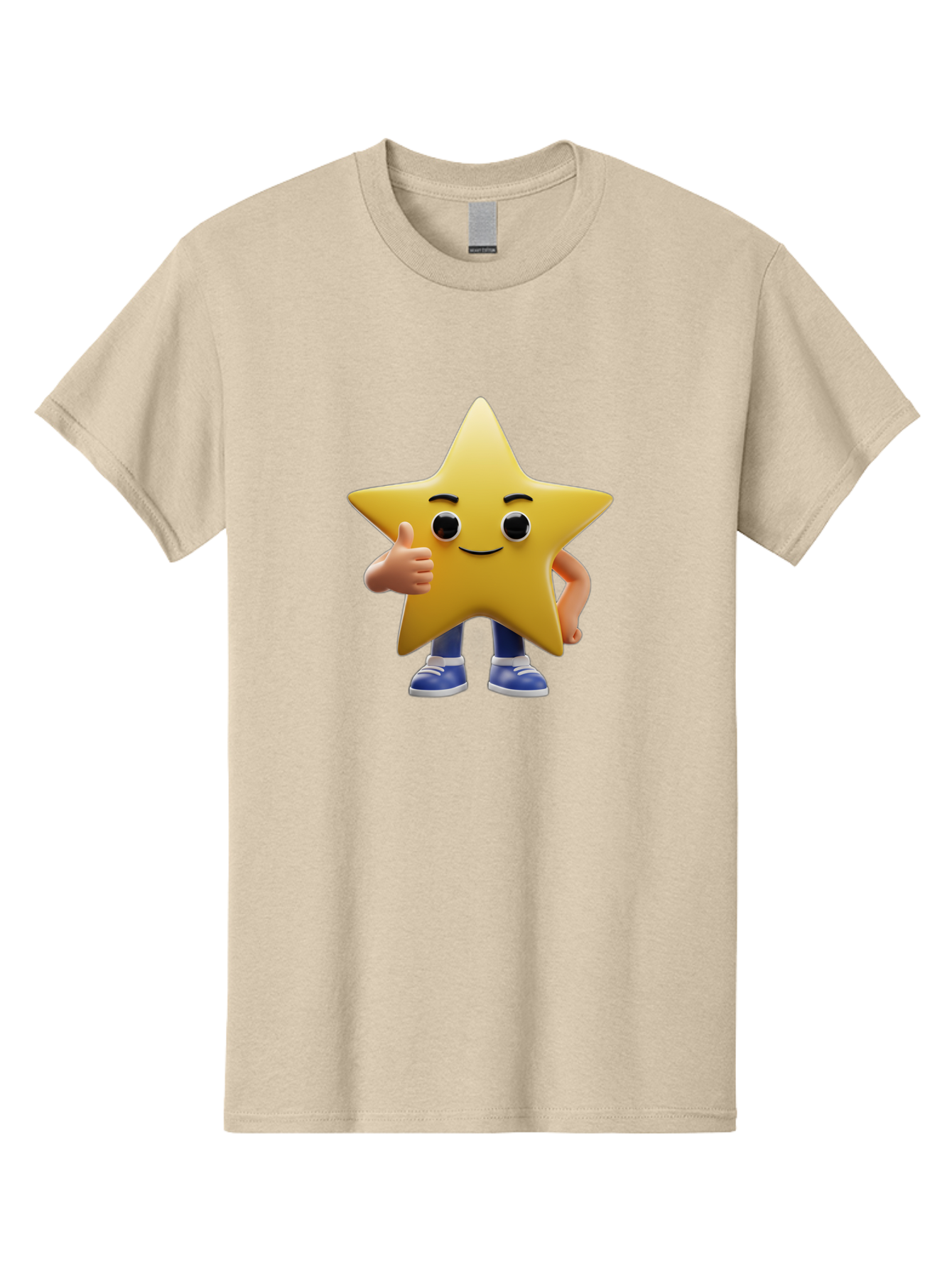 Star-Character-3 Men'S Graphic Tee, 100% Cotton, Comfortable Casual Summer Wear, Machine Washable, Yellow Star Character, Thumbs Up Gesture, Smiling Face, Blue Shoes, Childrens Illustration, Cartoon Style, Friendly Demeanor, Positive Vibe Bae779