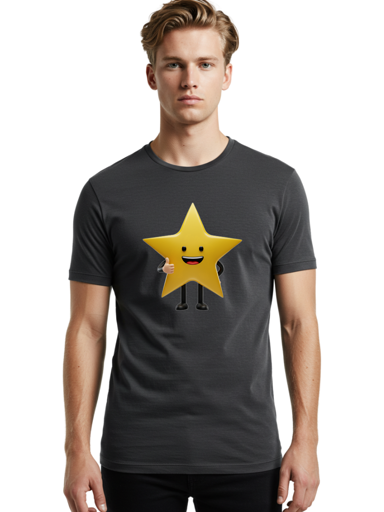 Star-Character-5 Men'S Graphic Tee, 100% Cotton, Comfortable Casual Summer Wear, Machine Washable, Smiling Star, Thumbs Up, Cartoon Character, Happy Face, Black Legs, Shiny Star, Friendly Gesture, Cheerful Mood, Animated Star, Positive Vibe Bae781