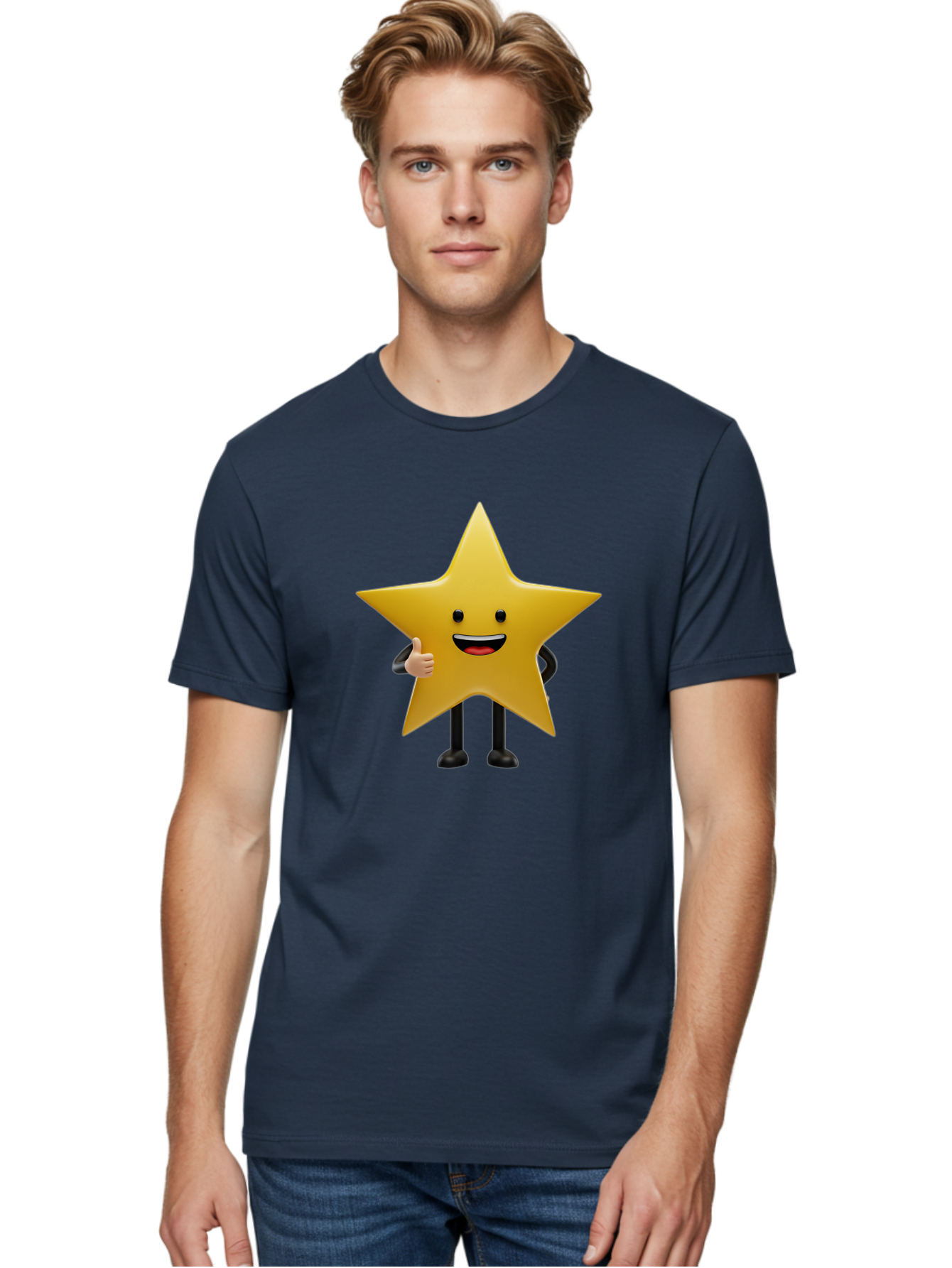 Star-Character-5 Men'S Graphic Tee, 100% Cotton, Comfortable Casual Summer Wear, Machine Washable, Smiling Star, Thumbs Up, Cartoon Character, Happy Face, Black Legs, Shiny Star, Friendly Gesture, Cheerful Mood, Animated Star, Positive Vibe Bae781