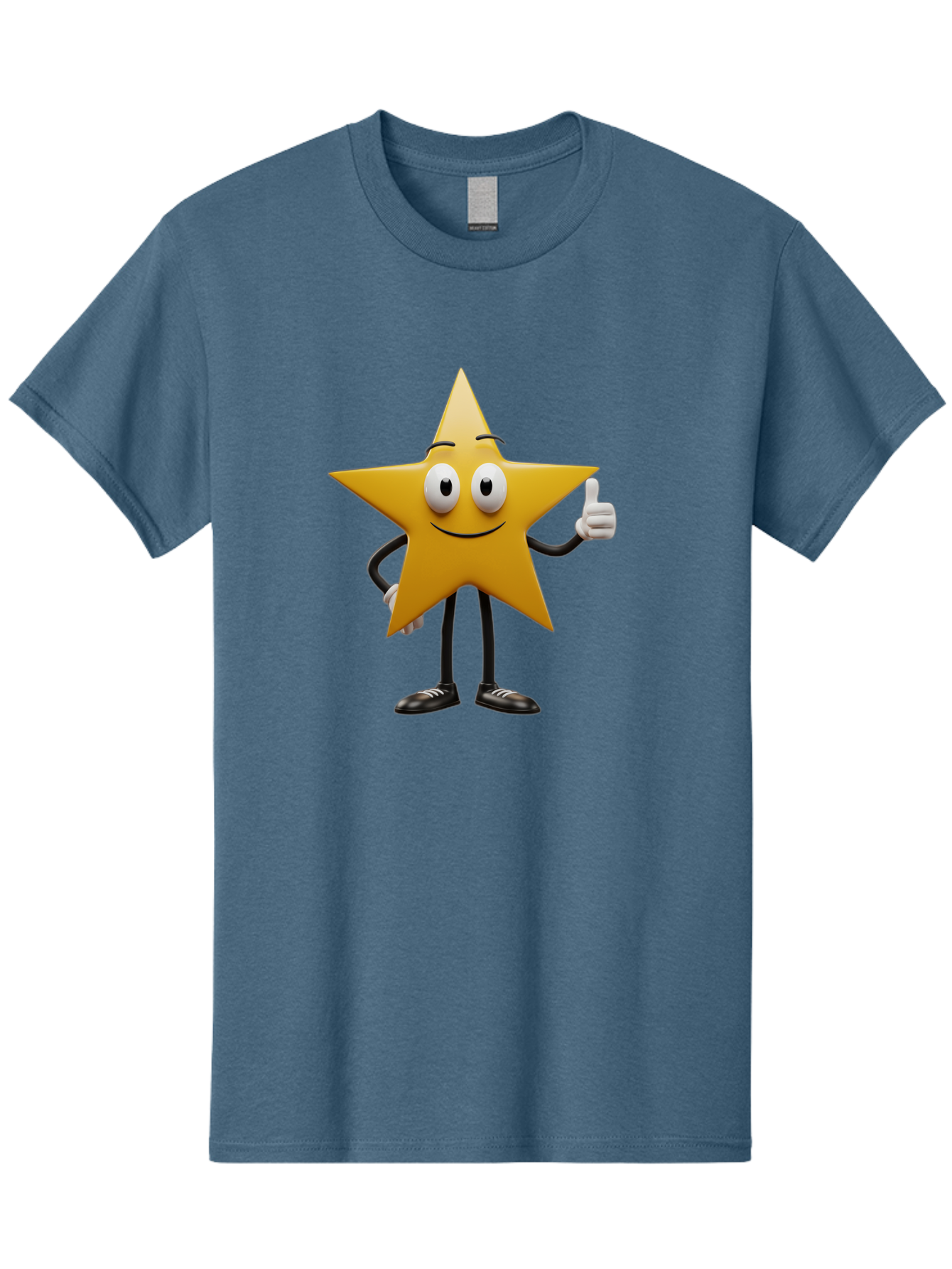 Star-Character-6 Men'S Graphic Tee, 100% Cotton, Comfortable Casual Summer Wear, Machine Washable, Smiling Star Character, Thumbs Up Gesture, Cartoon Style, Friendly Expression, Happy Mood, Positive Vibes, Yellow Star, Black Legs And Shoes, Bae782