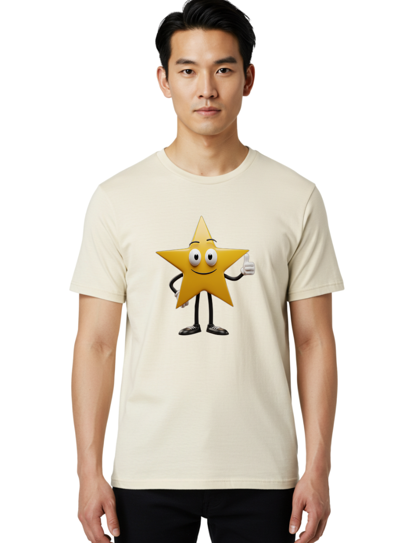 Star-Character-6 Men'S Graphic Tee, 100% Cotton, Comfortable Casual Summer Wear, Machine Washable, Smiling Star Character, Thumbs Up Gesture, Cartoon Style, Friendly Expression, Happy Mood, Positive Vibes, Yellow Star, Black Legs And Shoes, Bae782