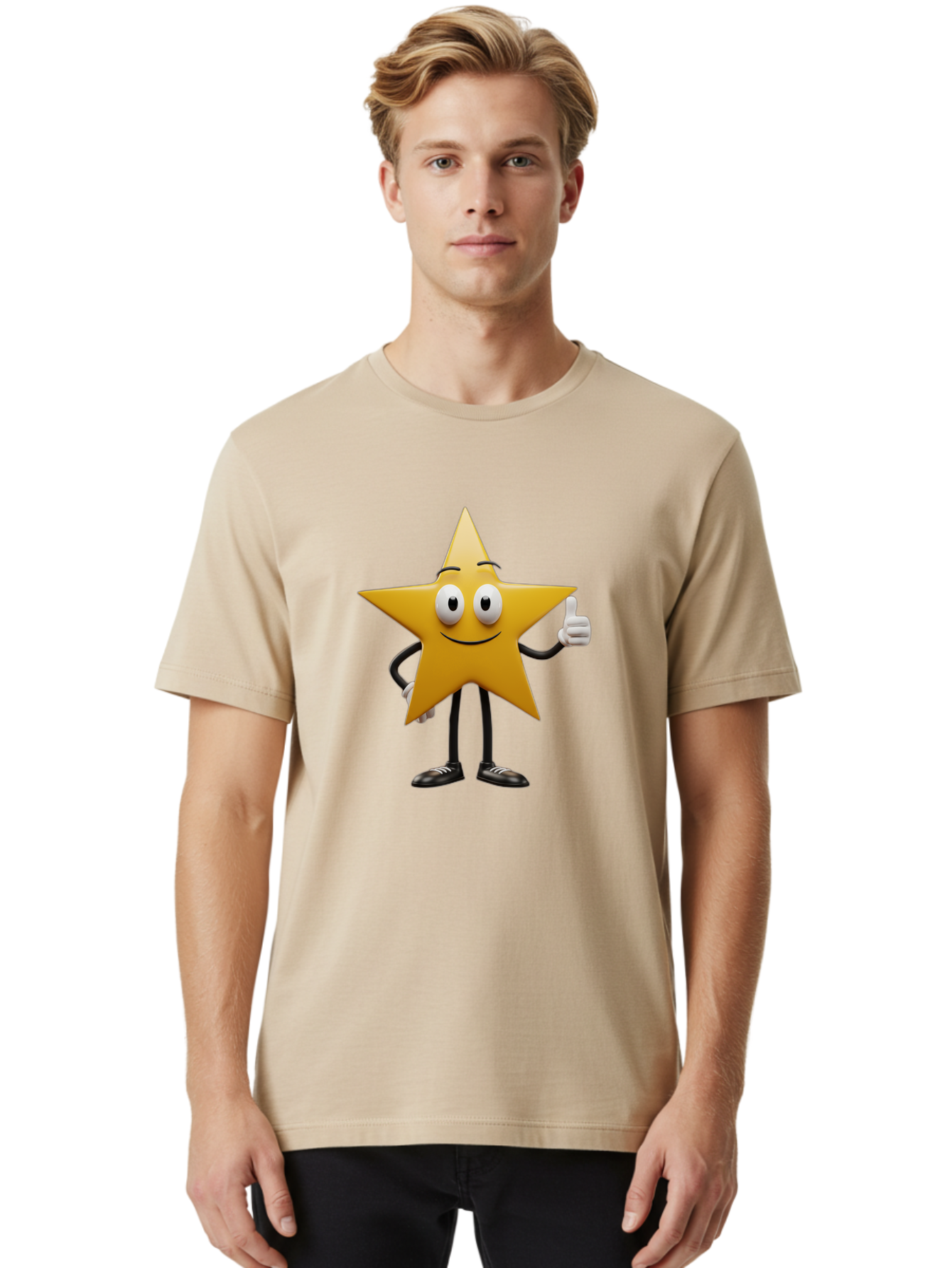 Star-Character-6 Men'S Graphic Tee, 100% Cotton, Comfortable Casual Summer Wear, Machine Washable, Smiling Star Character, Thumbs Up Gesture, Cartoon Style, Friendly Expression, Happy Mood, Positive Vibes, Yellow Star, Black Legs And Shoes, Bae782
