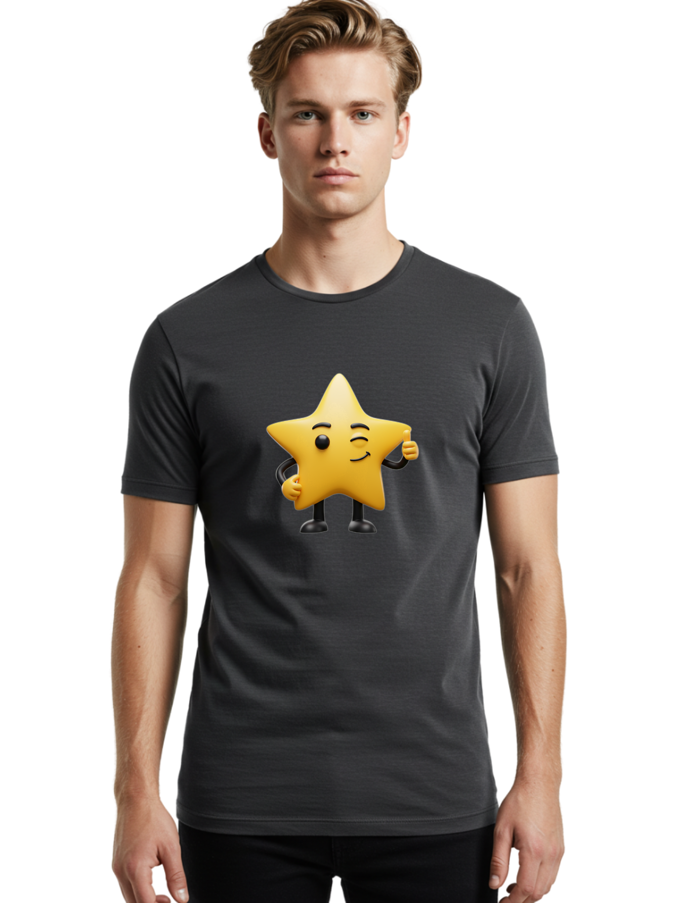 Star-Character-7 Men'S Graphic Tee, 100% Cotton, Comfortable Casual Summer Wear, Machine Washable, Happy Star, Cartoon Character, Smiley Face, Thumbs Up, Cheerful Personality, Animated Figure, Shiny Star, Positive Vibes, Friendly Emoji, Bae783