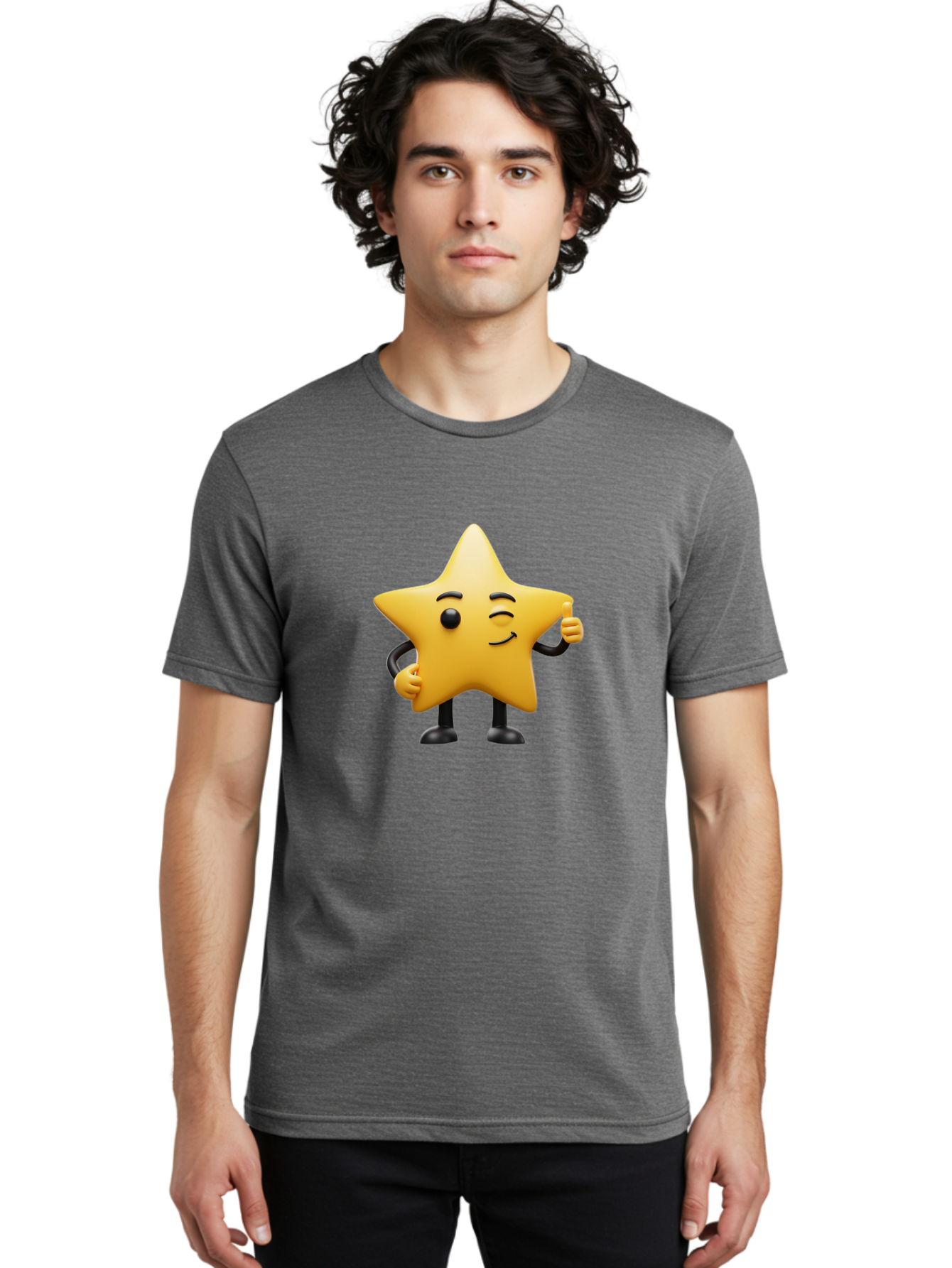 Star-Character-7 Men'S Graphic Tee, 100% Cotton, Comfortable Casual Summer Wear, Machine Washable, Happy Star, Cartoon Character, Smiley Face, Thumbs Up, Cheerful Personality, Animated Figure, Shiny Star, Positive Vibes, Friendly Emoji, Bae783