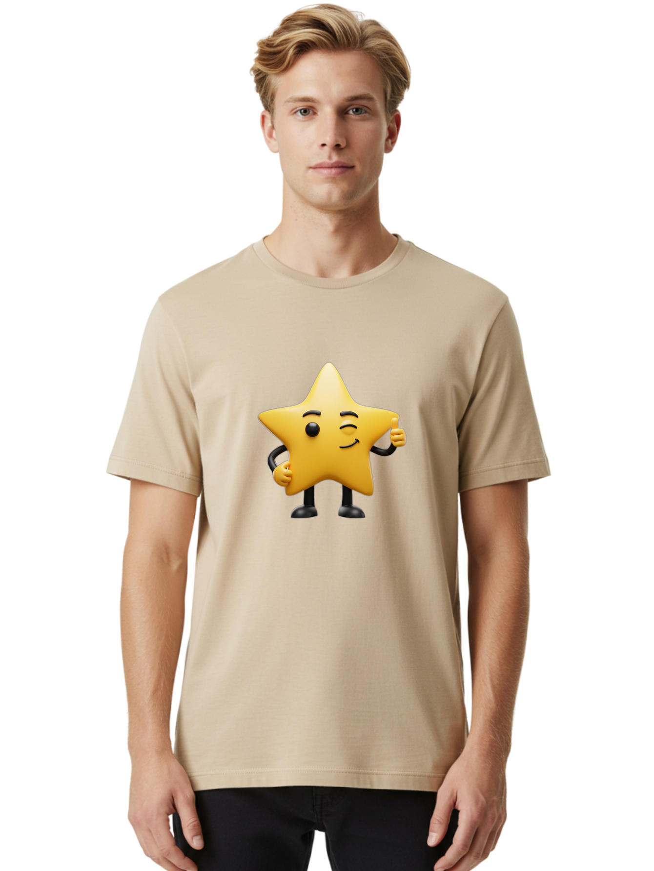 Star-Character-7 Men'S Graphic Tee, 100% Cotton, Comfortable Casual Summer Wear, Machine Washable, Happy Star, Cartoon Character, Smiley Face, Thumbs Up, Cheerful Personality, Animated Figure, Shiny Star, Positive Vibes, Friendly Emoji, Bae783