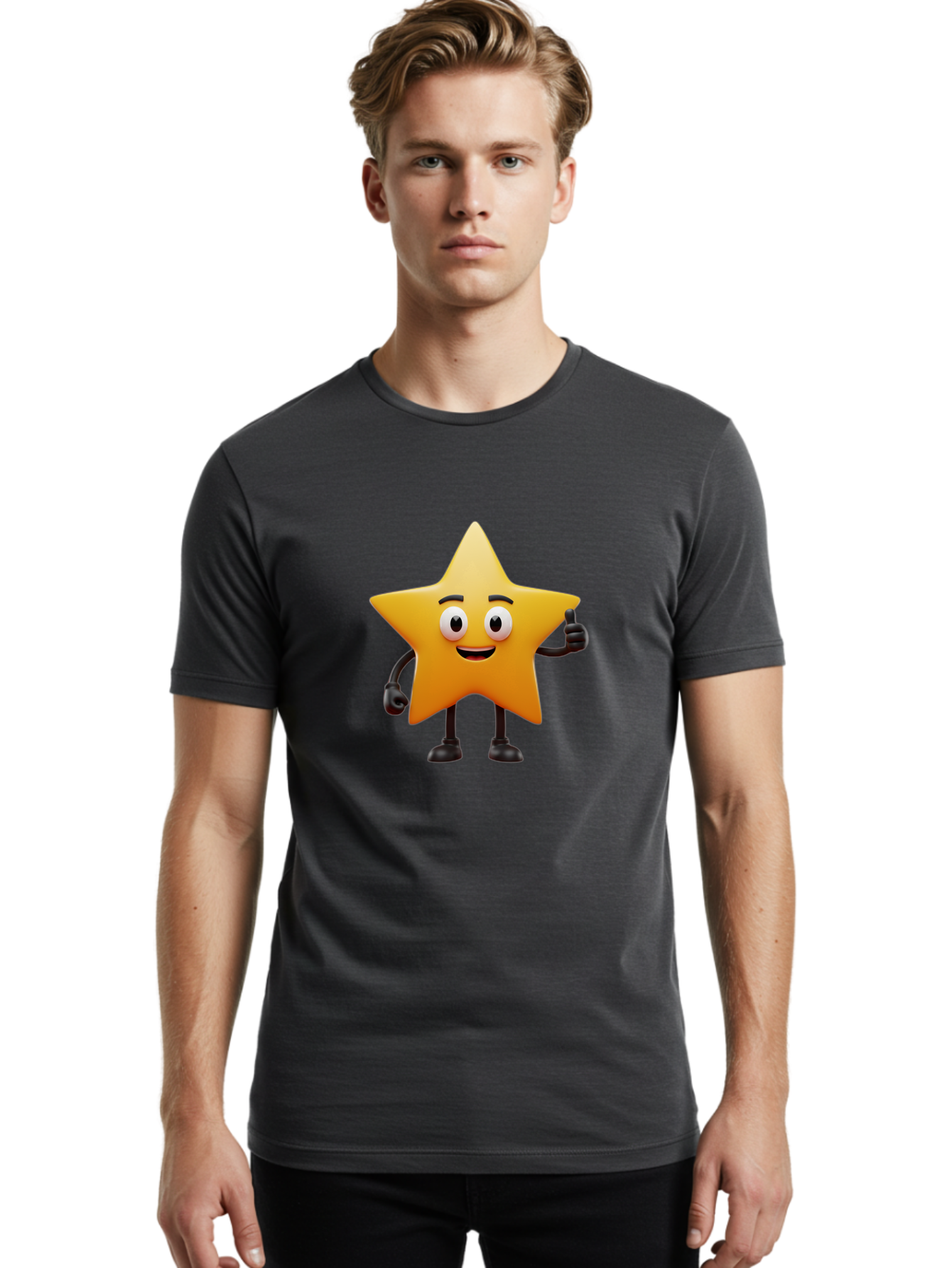 Star-Character Men'S Graphic Tee, 100% Cotton, Comfortable Casual Summer Wear, Machine Washable, Cartoon Star, Yellow Star, Smiling Face, Thumbs Up, Positive Attitude, Friendly Character, Animated Graphic, Happy Star, Star Character, Bae784