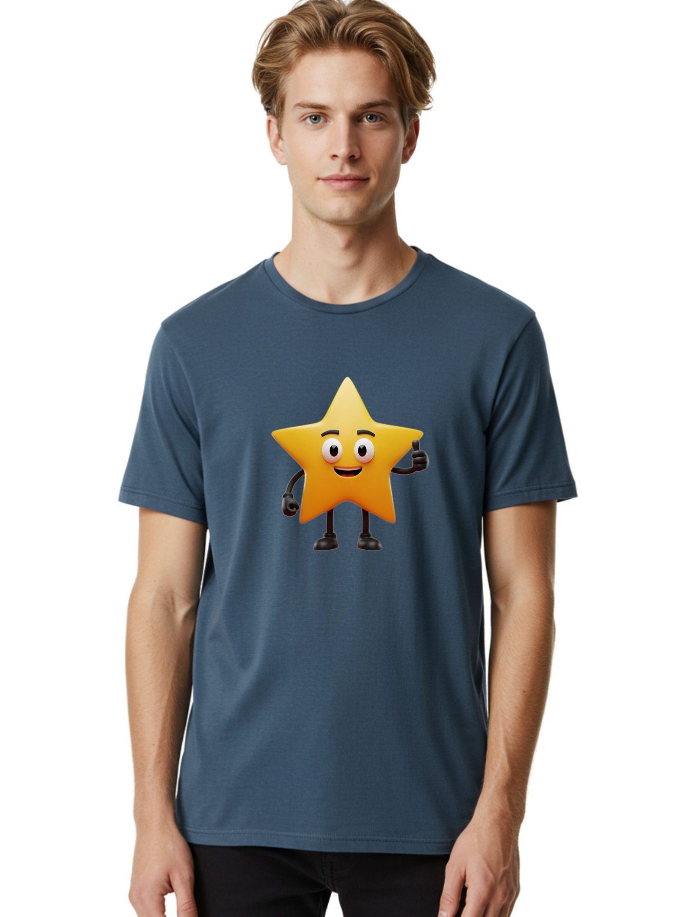 Star-Character Men'S Graphic Tee, 100% Cotton, Comfortable Casual Summer Wear, Machine Washable, Cartoon Star, Yellow Star, Smiling Face, Thumbs Up, Positive Attitude, Friendly Character, Animated Graphic, Happy Star, Star Character, Bae784