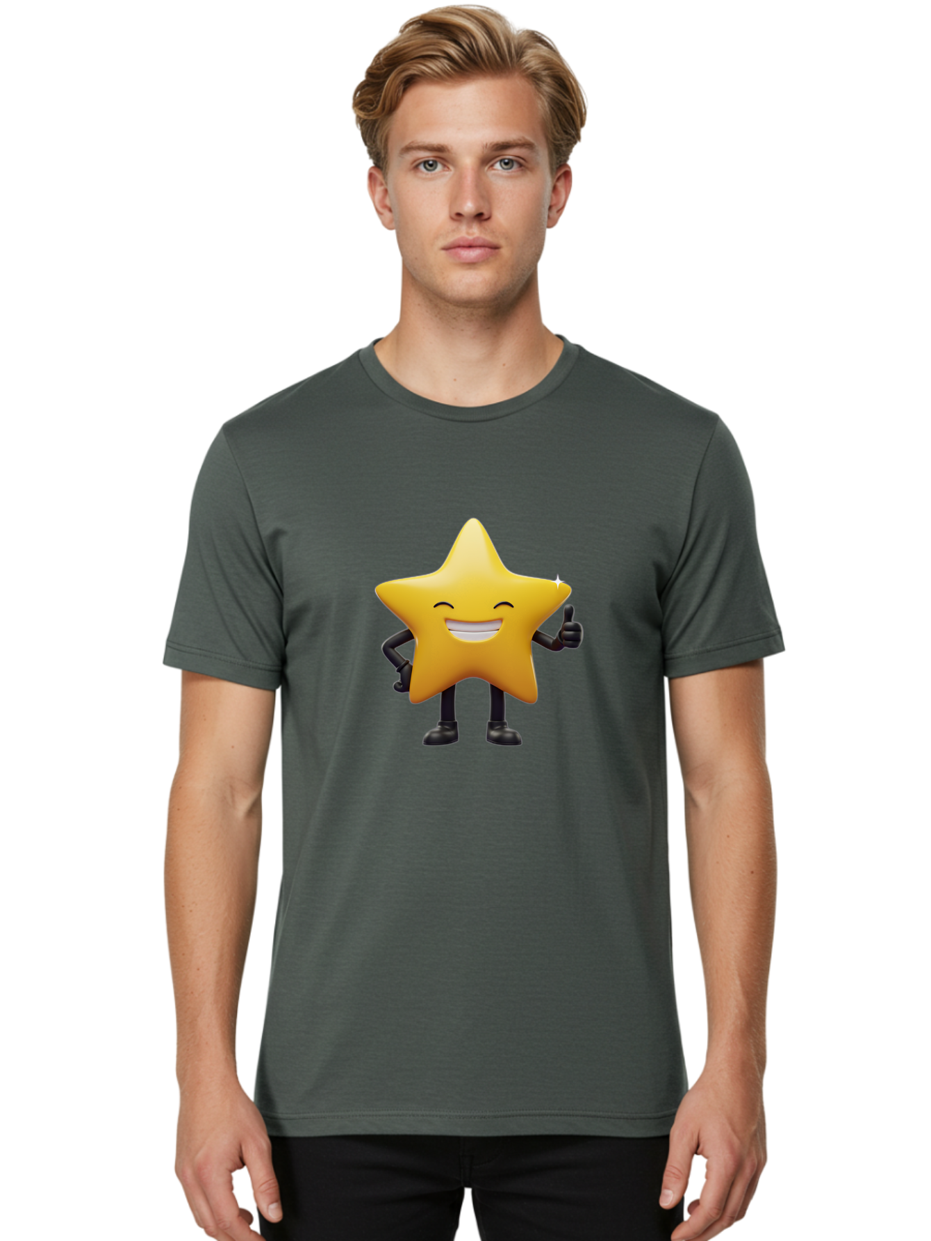 Star-Emoji Men'S Graphic Tee, 100% Cotton, Comfortable Casual Summer Wear, Machine Washable, Smiling Star, Thumbs Up, Happy Face, Cartoon Character, Black Limbs, Yellow Body, Friendly Gesture, Positive Attitude, Cute Emoji, Star Icon Bae785