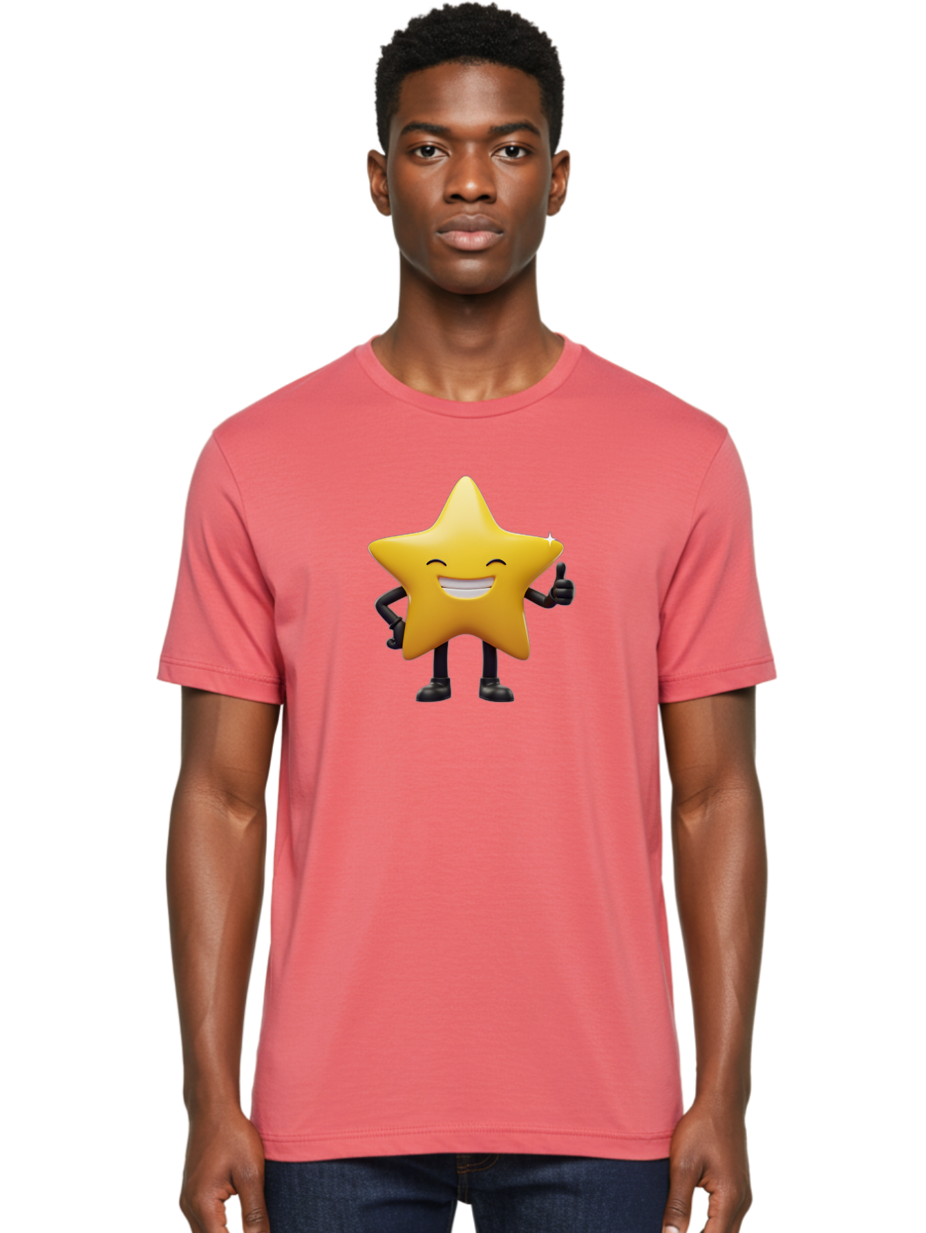 Star-Emoji Men'S Graphic Tee, 100% Cotton, Comfortable Casual Summer Wear, Machine Washable, Smiling Star, Thumbs Up, Happy Face, Cartoon Character, Black Limbs, Yellow Body, Friendly Gesture, Positive Attitude, Cute Emoji, Star Icon Bae785