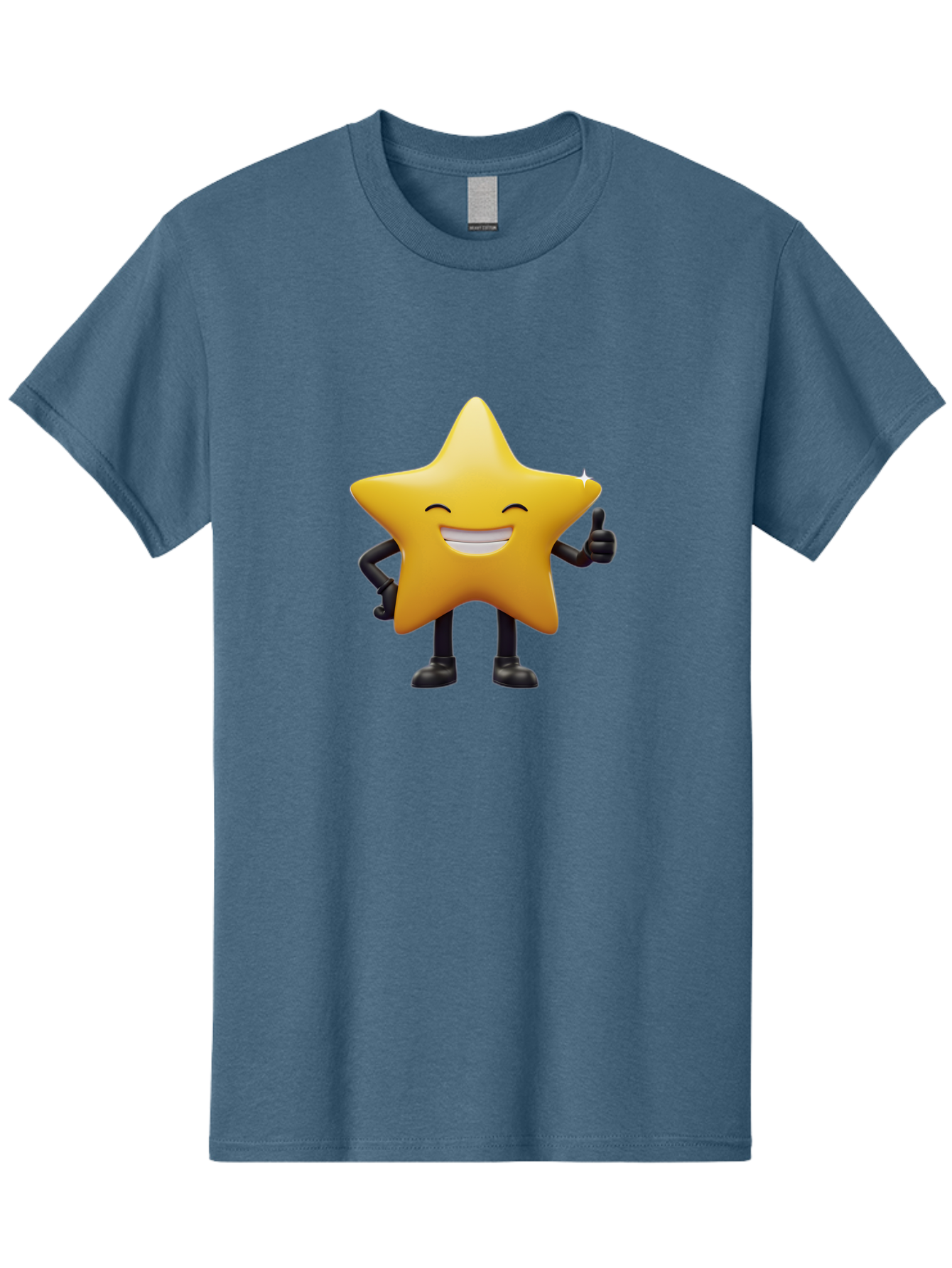Star-Emoji Men'S Graphic Tee, 100% Cotton, Comfortable Casual Summer Wear, Machine Washable, Smiling Star, Thumbs Up, Happy Face, Cartoon Character, Black Limbs, Yellow Body, Friendly Gesture, Positive Attitude, Cute Emoji, Star Icon Bae785