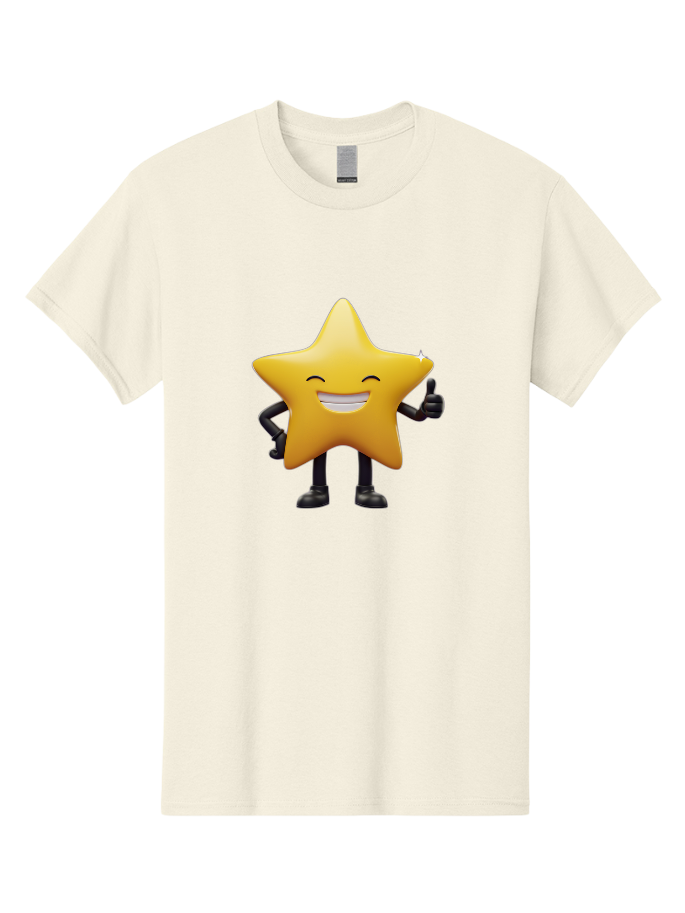 Star-Emoji Men'S Graphic Tee, 100% Cotton, Comfortable Casual Summer Wear, Machine Washable, Smiling Star, Thumbs Up, Happy Face, Cartoon Character, Black Limbs, Yellow Body, Friendly Gesture, Positive Attitude, Cute Emoji, Star Icon Bae785