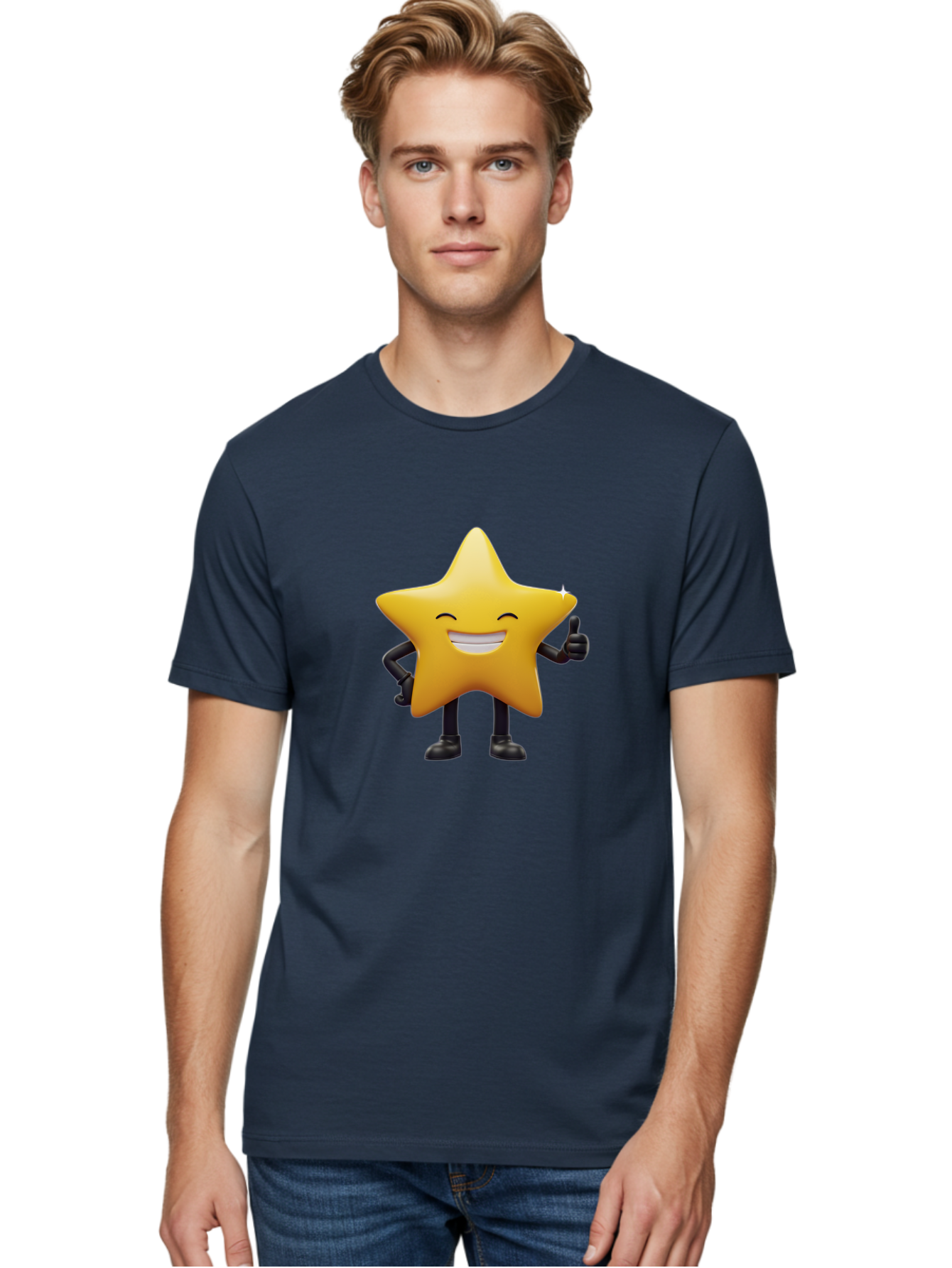 Star-Emoji Men'S Graphic Tee, 100% Cotton, Comfortable Casual Summer Wear, Machine Washable, Smiling Star, Thumbs Up, Happy Face, Cartoon Character, Black Limbs, Yellow Body, Friendly Gesture, Positive Attitude, Cute Emoji, Star Icon Bae785