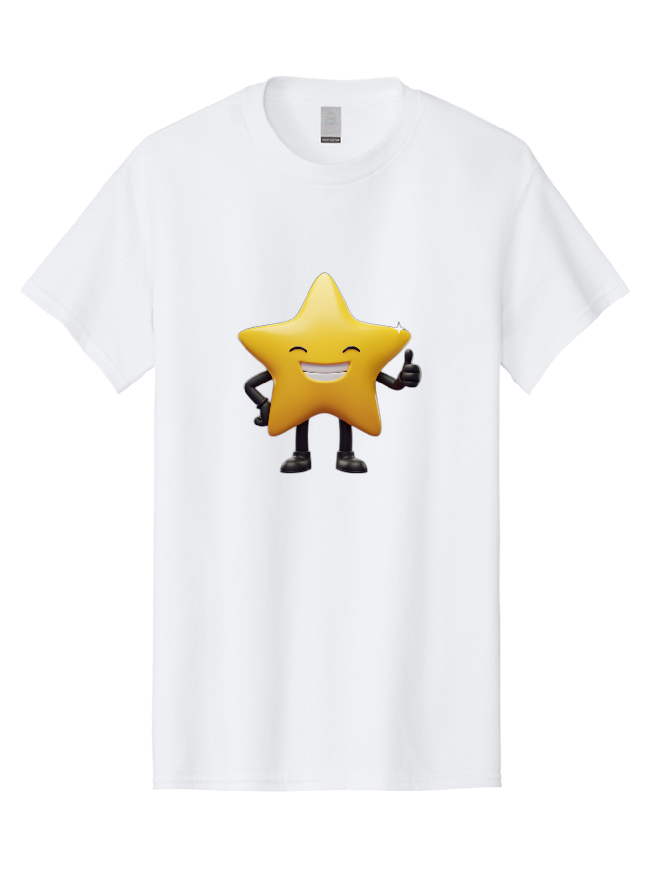 Star-Emoji Men'S Graphic Tee, 100% Cotton, Comfortable Casual Summer Wear, Machine Washable, Smiling Star, Thumbs Up, Happy Face, Cartoon Character, Black Limbs, Yellow Body, Friendly Gesture, Positive Attitude, Cute Emoji, Star Icon Bae785