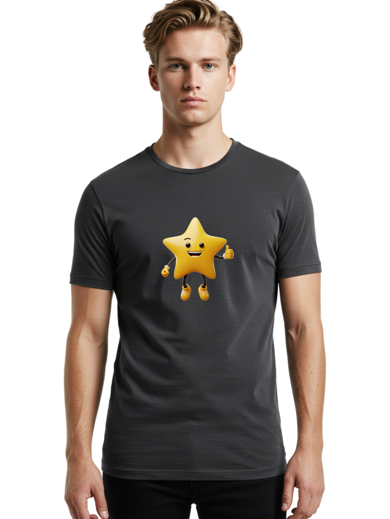 Star-Mascot Men'S Graphic Tee, 100% Cotton, Comfortable Casual Summer Wear, Machine Washable, Smiling Star Character, Thumbs Up Gesture, Cartoon Style, Happy Expression, Yellow Star, 3D Rendering, Cute Mascot, Animated Character, Bae786