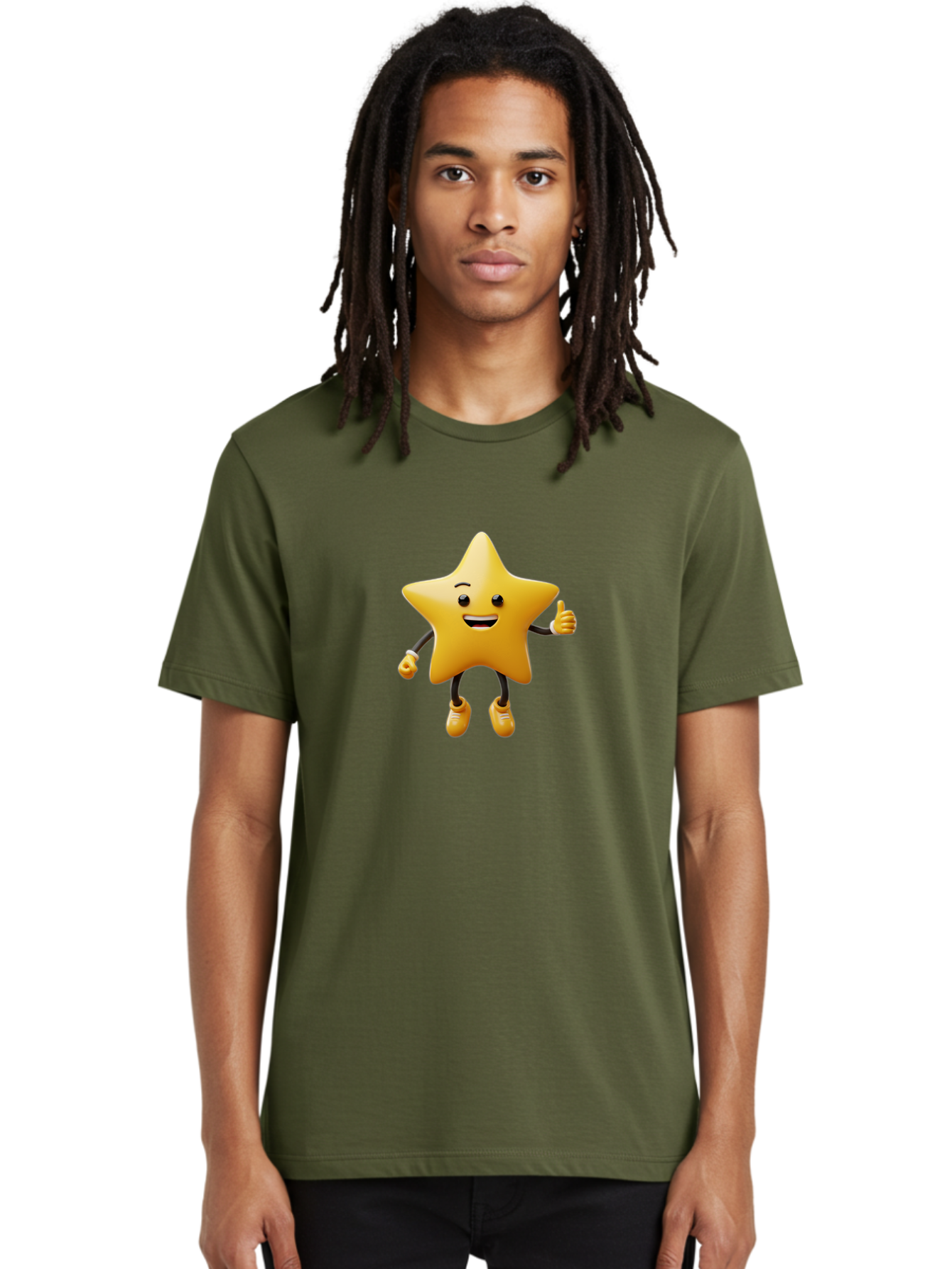 Star-Mascot Men'S Graphic Tee, 100% Cotton, Comfortable Casual Summer Wear, Machine Washable, Smiling Star Character, Thumbs Up Gesture, Cartoon Style, Happy Expression, Yellow Star, 3D Rendering, Cute Mascot, Animated Character, Bae786