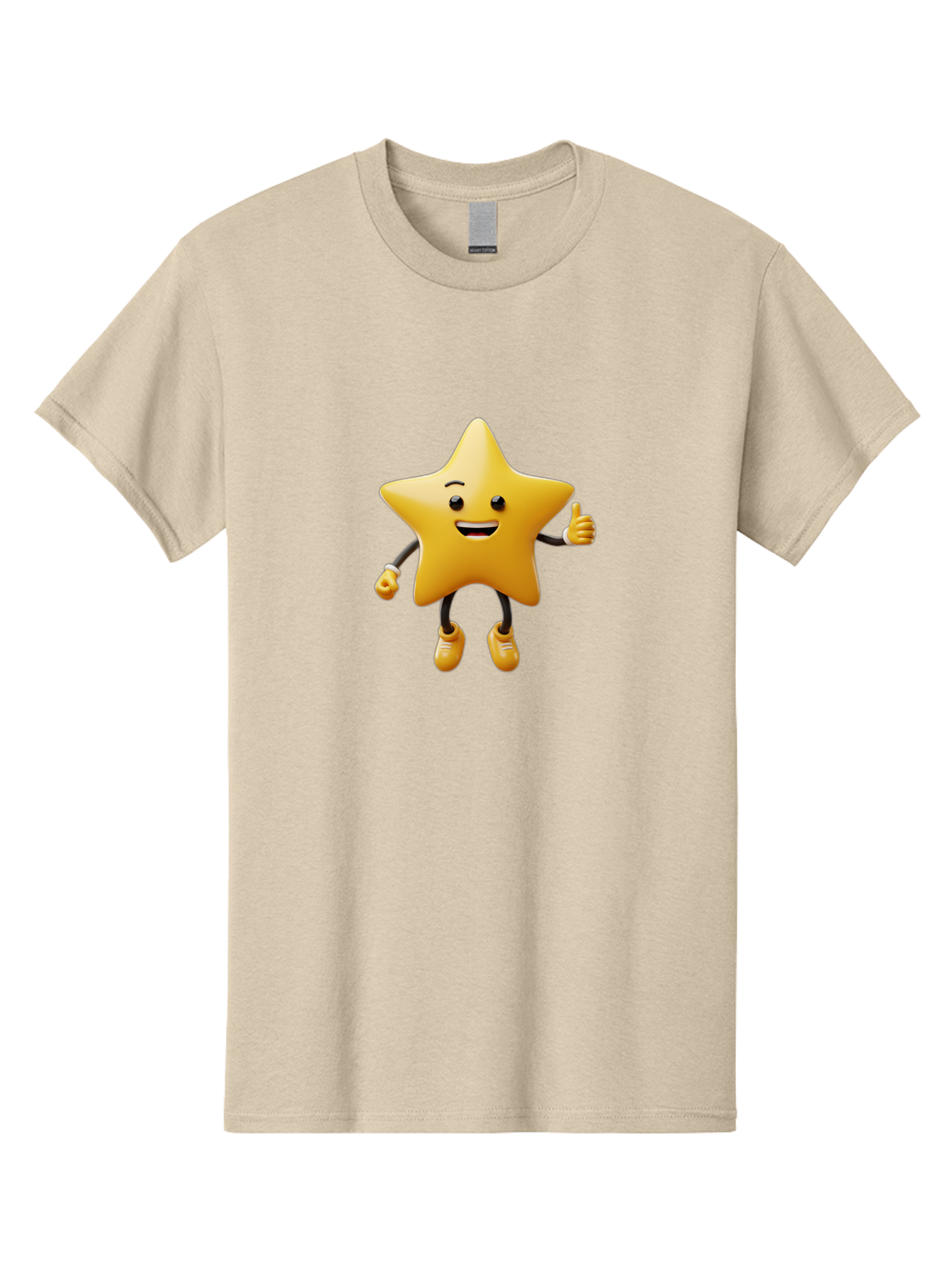 Star-Mascot Men'S Graphic Tee, 100% Cotton, Comfortable Casual Summer Wear, Machine Washable, Smiling Star Character, Thumbs Up Gesture, Cartoon Style, Happy Expression, Yellow Star, 3D Rendering, Cute Mascot, Animated Character, Bae786